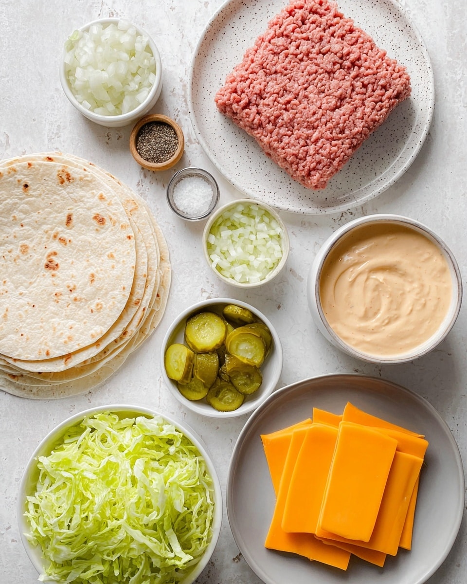 The image shows several ingredients arranged neatly on a white marbled texture background. At the center, there is a white speckled plate with a block of pink ground meat. Nearby, a white bowl contains bright green shredded lettuce. Another white bowl holds sliced green pickles with ridged edges. There is a small white bowl filled with finely chopped white onions and two smaller white bowls with salt and black pepper. A stack of white flour tortillas lies to the left, showing light brown spots. On the bottom right, four bright orange square slices of cheddar cheese are stacked on a white plate. A larger gray bowl contains a creamy sauce with a slightly orange-tan color. photo taken with an iphone --ar 4:5 --v 7