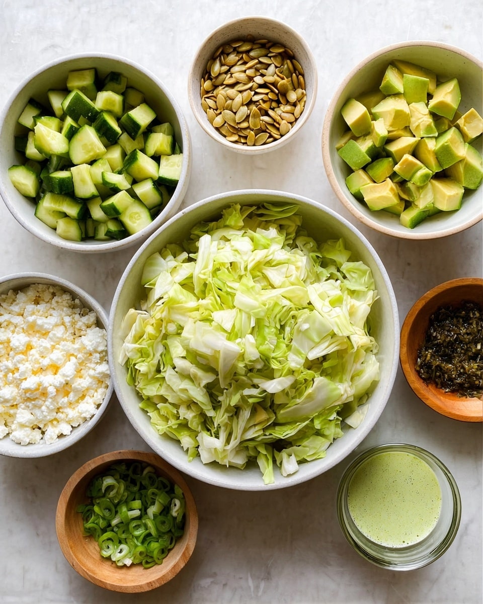The image shows seven bowls arranged on a white marbled surface. The biggest white bowl in the center is filled with chopped light green cabbage with a soft, leafy texture. To the left, a medium white bowl holds small, bright green cucumber cubes with dark green skin pieces visible. Above it, a small white bowl contains roasted, light brown pumpkin seeds with a dry, smooth texture. To the right of the central bowl, another medium white bowl is filled with creamy light green avocado cubes. Next to this, a small wooden bowl holds chopped dark green scallions. Below the bowls on the left, a small transparent bowl is filled with crumbly white cheese. On the right, a small transparent glass contains a light green, smooth sauce or dressing. photo taken with an iphone --ar 4:5 --v 7