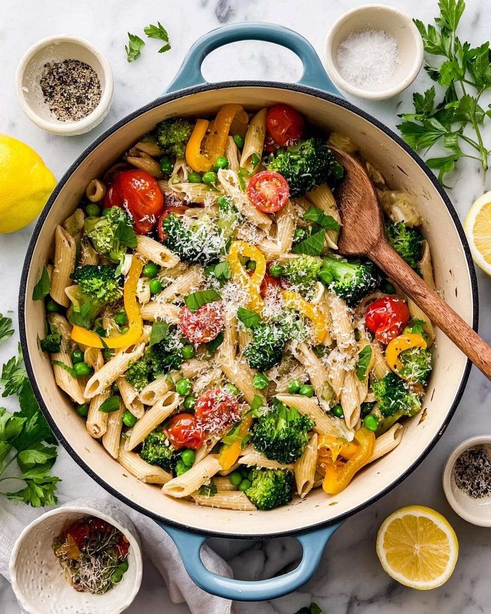 A white pot with light blue handles holds pasta mixed with different vegetables. The dish has several layers: the bottom layer is penne pasta in a light beige color, scattered with bright green peas and green broccoli florets. On top of this are yellow bell pepper slices and halved red cherry tomatoes, adding bright pops of color. Fresh green parsley leaves and basil are sprinkled throughout, with finely grated white cheese lightly dusted over everything. A wooden spoon rests inside the pot, partly covered by the pasta and vegetables. The pot is placed on a white marbled surface, surrounded by small white bowls containing salt, black pepper, and grated cheese, and a lemon half nearby. Photo taken with an iphone --ar 4:5 --v 7