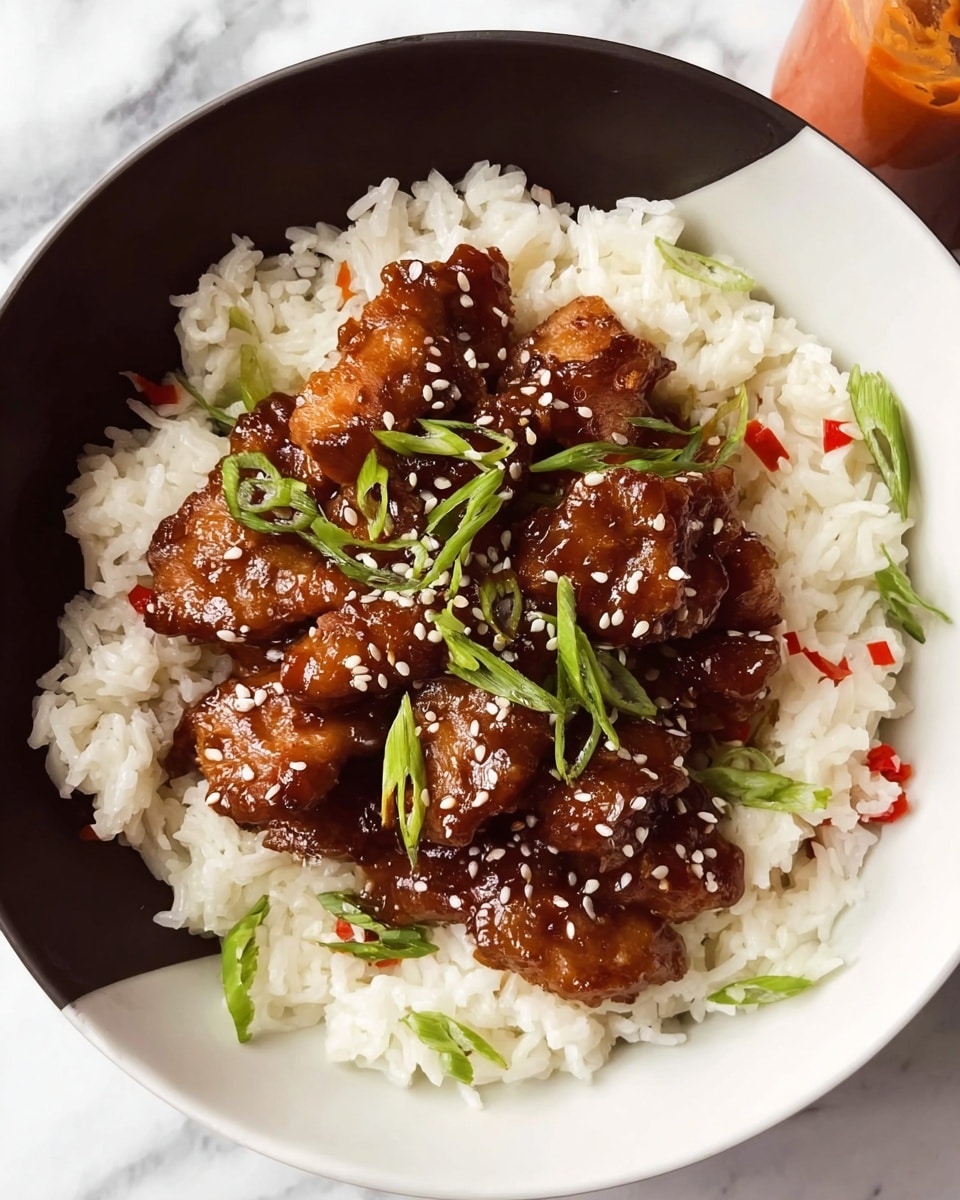 A white bowl filled with a base layer of white rice mixed with small pieces of red chili and topped with thin slices of glossy brown sauce-coated meat. The dish is garnished with small green sliced scallions and white sesame seeds scattered on the meat and rice. The bowl sits on a white marbled surface, and there is a bottle of orange sauce partially visible to the side. photo taken with an iphone --ar 4:5 --v 7