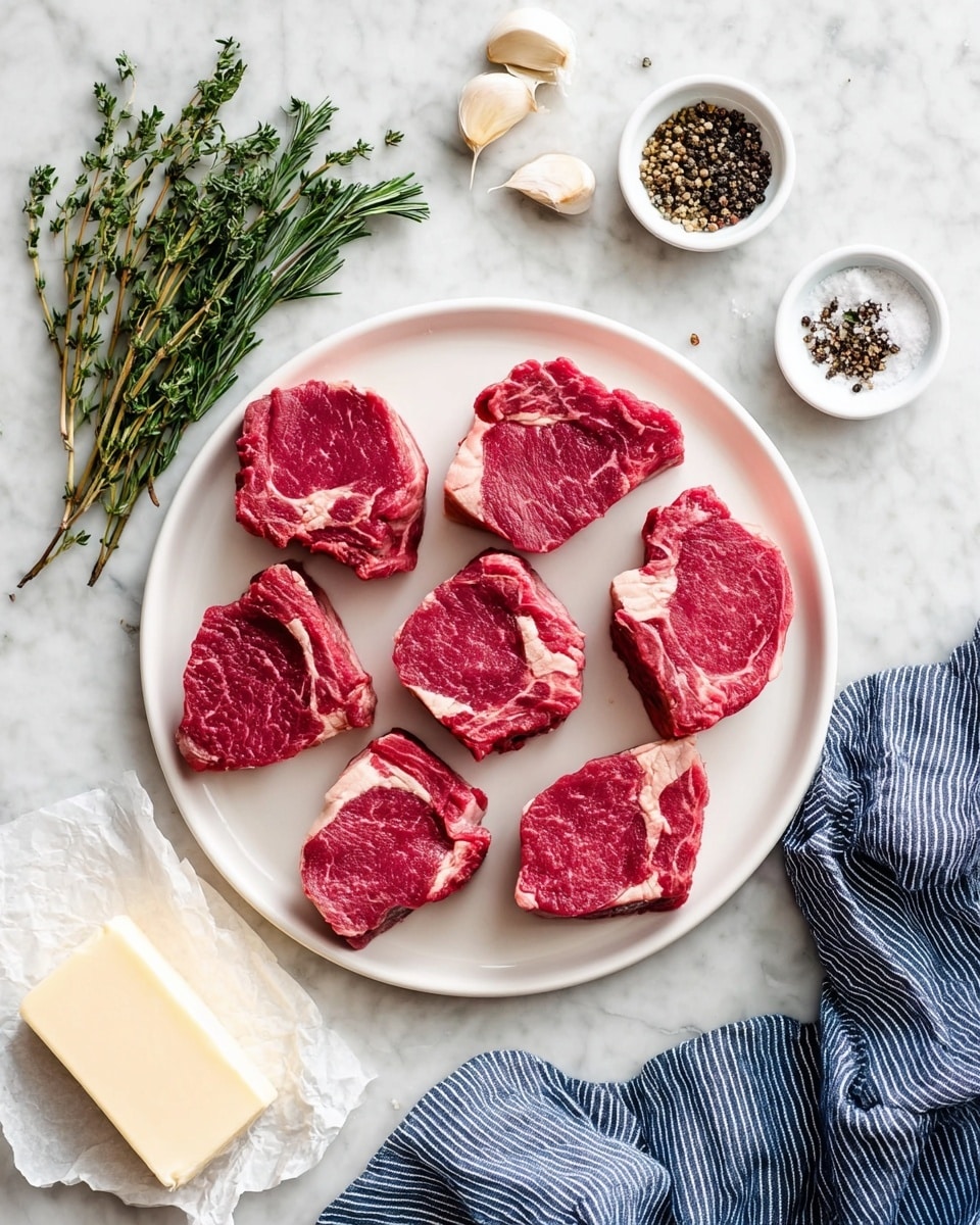 The image shows eight raw red meat pieces with white marbling arranged in a loose circle on a white plate, placed on a white marbled surface. Around the plate, there are small piles of black pepper and salt in white bowls, four cloves of garlic, a bunch of fresh green herbs on the right, and a green rosemary sprig on the left. A piece of butter wrapped in white paper lies near the bottom left corner, and a gray and white striped cloth is on the bottom right. The photo taken with an iphone --ar 4:5 --v 7