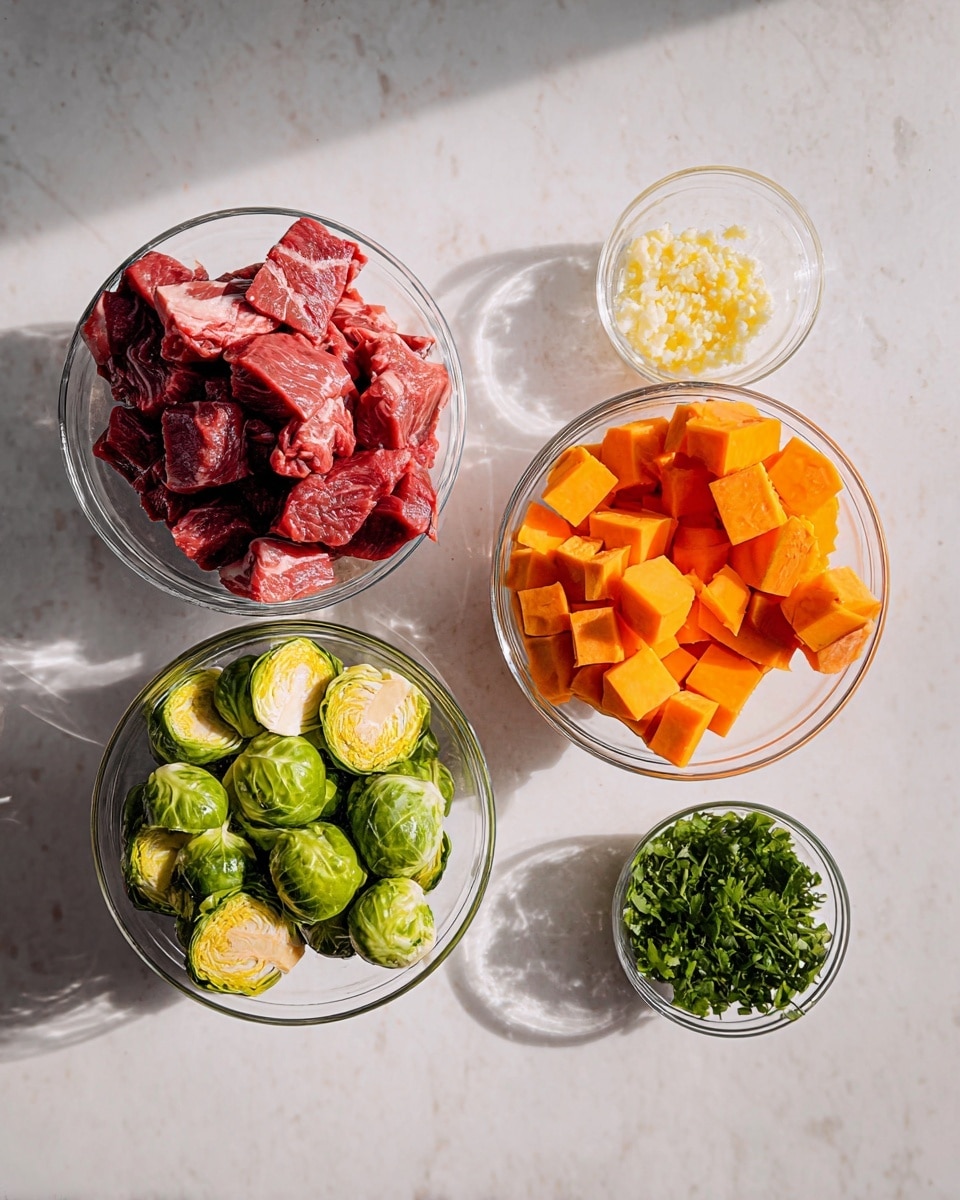 The image shows five glass and white bowls placed on a white marbled surface, each containing different food ingredients. The top left bowl has raw beef chunks, deep red with white fat streaks, filling the entire bowl. Above it and slightly to the right is a glass bowl filled with cubed sweet potatoes in bright orange color, piled high. Below the sweet potatoes is another glass bowl filled with halved Brussels sprouts, showing green outer leaves and yellow inner parts. On the top right, a small glass bowl contains finely grated pale yellow garlic. Below and to the right of the Brussels sprouts is a small glass bowl filled with chopped fresh green herbs. The lighting casts soft shadows around the bowls. Photo taken with an iphone --ar 4:5 --v 7