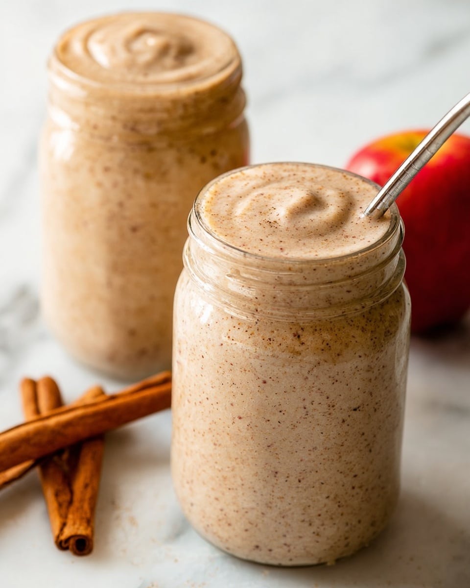 The image shows two clear glass jars filled with a thick, creamy beige smoothie with small brown specks throughout. The jars are topped with a light dusting of cinnamon. One jar has a metal straw inserted on the right side, and the second jar is partially visible in the foreground. In the background, a red apple rests on a white marbled surface, with two cinnamon sticks near the lower left corner. The scene is bright and clean, with the focus on the jars and the apple slightly blurred. Photo taken with an iphone --ar 4:5 --v 7