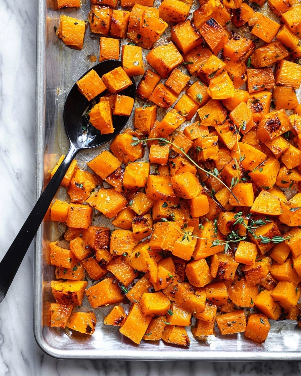A white bowl with a beige rim holds a single layer of bright orange roasted butternut squash cubes, some pieces showing dark browned spots, with small green herb sprigs sprinkled on top. A shiny silver fork rests inside the bowl on the right side, its handle extending outward over a white marbled surface with tiny scattered green herb bits around it. The squash pieces have a soft and slightly crisp texture with a warm, rich color. photo taken with an iphone --ar 4:5 --v 7