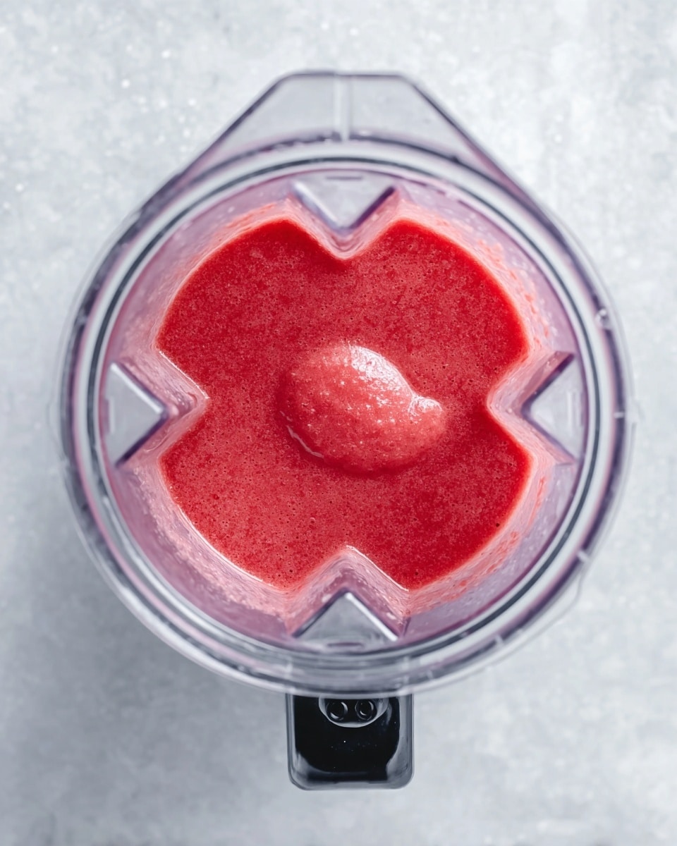 A close top view of a blender with a clear plastic container filled with a smooth, bright red liquid that has a slightly thick and creamy texture. The blender base is metallic with a black knob visible on the side. The background is a white marbled surface. photo taken with an iphone --ar 4:5 --v 7