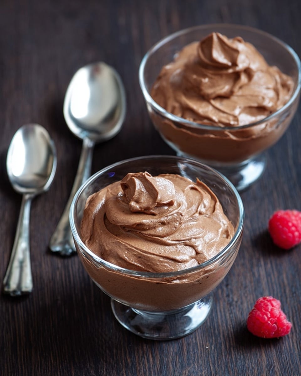 Two clear glass bowls each filled with a single layer of light to medium brown, smooth and creamy chocolate mousse with soft peaks on top. The bowls are placed side by side on a dark wooden surface with two silver spoons lying next to them on the left side. A small bright red raspberry is partially visible on the right. photo taken with an iphone --ar 4:5 --v 7