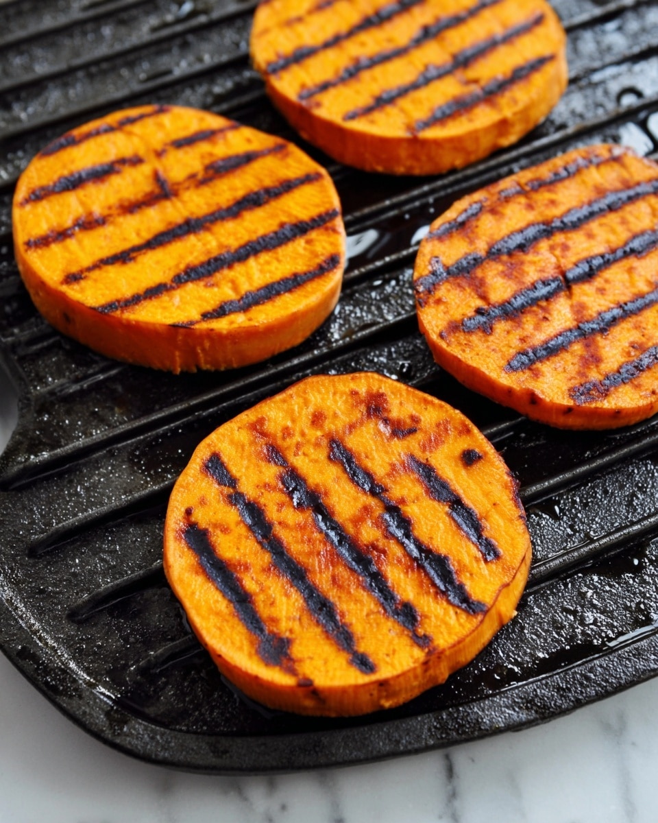 The image shows four round slices of orange sweet potatoes with dark, even grill lines on their flat surfaces. Each slice varies slightly in size but is similarly thick, and the grill lines run horizontally across each slice. The sweet potatoes have a soft, slightly shiny texture with some charred areas near the edges. They are placed on a black metal grill pan with raised ridges, which creates the grill marks. The pan has a few drops of oil that add a subtle shine to the surface underneath the sweet potatoes. The setting is against a white marbled textured background. Photo taken with an iphone --ar 4:5 --v 7