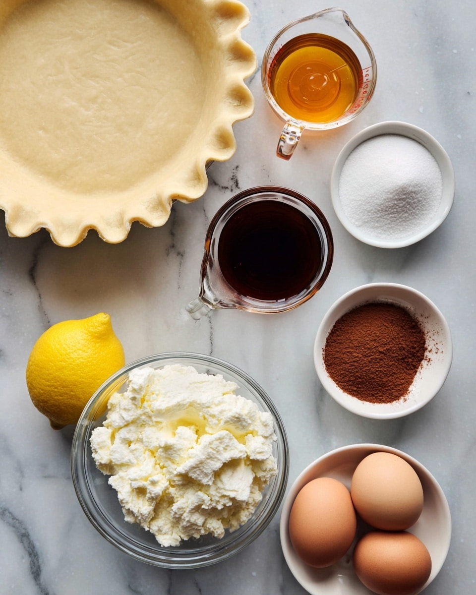 A close-up top view shows ingredients for baking on a white marbled surface: on the left side, there is a pie dish with a beige raw pie crust that has a wavy edge; below it, a clear glass measuring cup filled with white ricotta cheese with a soft and slightly grainy texture; next to it, an entire bright yellow lemon with a smooth skin; above the lemon, a small white bowl of dark brown vanilla extract with a glossy liquid surface; to the right of vanilla, a small white bowl with a pile of white granulated sugar; below it, a small white bowl with light brown cocoa powder in a slight mound; next to the cocoa powder, a small white bowl with white baking powder dusted in a small heap; near the bottom right corner, a small white bowl holds three brown eggs with smooth shells; and above the eggs, a small measuring cup marked