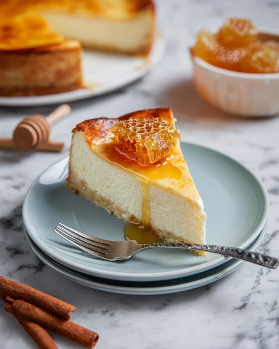 A slice of cheesecake with three layers is shown on a white plate; the bottom layer is a light tan crust, the middle layer is thick and creamy white, and the top layer is a golden brown baked surface, slightly browned in spots. On top of the slice, there is a small piece of honeycomb with honey dripping down the side. A silver fork lies to the right side of the plate. The plate sits on a white marbled surface with a bowl of honeycomb and a honey dipper blurred in the background, along with parts of the remaining cheesecake visible. Three cinnamon sticks rest on the lower left corner of the scene. Photo taken with an iphone --ar 4:5 --v 7