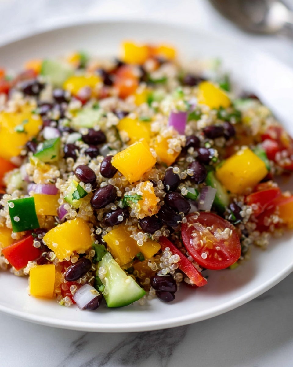 The image shows a close-up view of a colorful quinoa salad served on a white plate placed on a white marbled surface. The salad has at least four layers mixed together: the first layer consists of fluffy, cooked quinoa with a light, grainy texture; the second layer includes small black beans scattered evenly throughout, adding dark contrast; the third layer has diced bright yellow bell peppers, halved cherry tomatoes in red, and chopped green cucumbers, providing vibrant splashes of color; the fourth layer contains small pieces of purple onion mixed in, adding a touch of brightness. The salad looks fresh, with a mix of soft and crunchy textures and a spread of colors, mostly yellows, reds, greens, and blacks. The photo was taken with an iphone --ar 4:5 --v 7