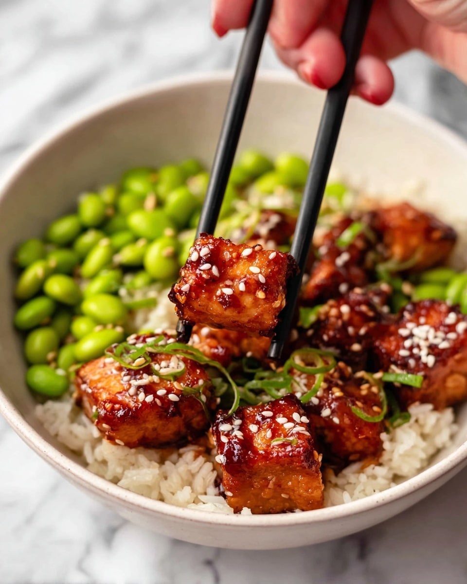 A white bowl filled with three main layers: the bottom layer is fluffy white rice, the middle layer is bright green edamame beans scattered around, and the top layer consists of several pieces of glazed, dark reddish-brown tofu with a shiny texture, sprinkled with white sesame seeds. A pair of black chopsticks held by a woman's hand is picking up one piece of tofu. The bowl sits on a surface with a white marbled texture. Photo taken with an iphone --ar 4:5 --v 7