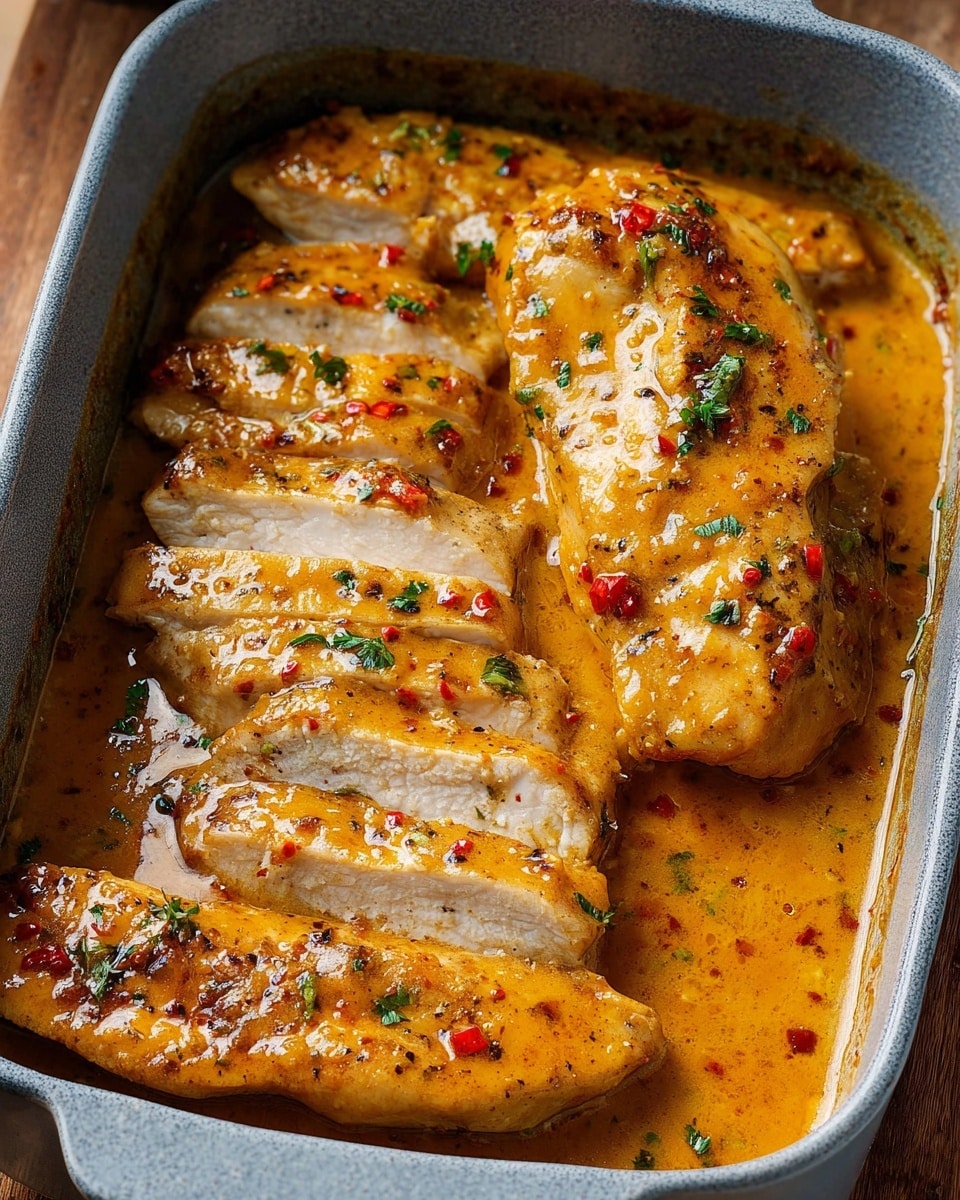 The image shows a gray rectangular baking dish filled with five pieces of chicken covered in a shiny orange sauce. One piece is sliced into four thick segments, showing the white inside of the chicken. The sauce is smooth and glossy with visible red chili flakes and small green herbs sprinkled on top. The chicken pieces are coated evenly, with slight browned spots and a rich, thick texture. The dish sits on a wooden surface. photo taken with an iphone --ar 4:5 --v 7