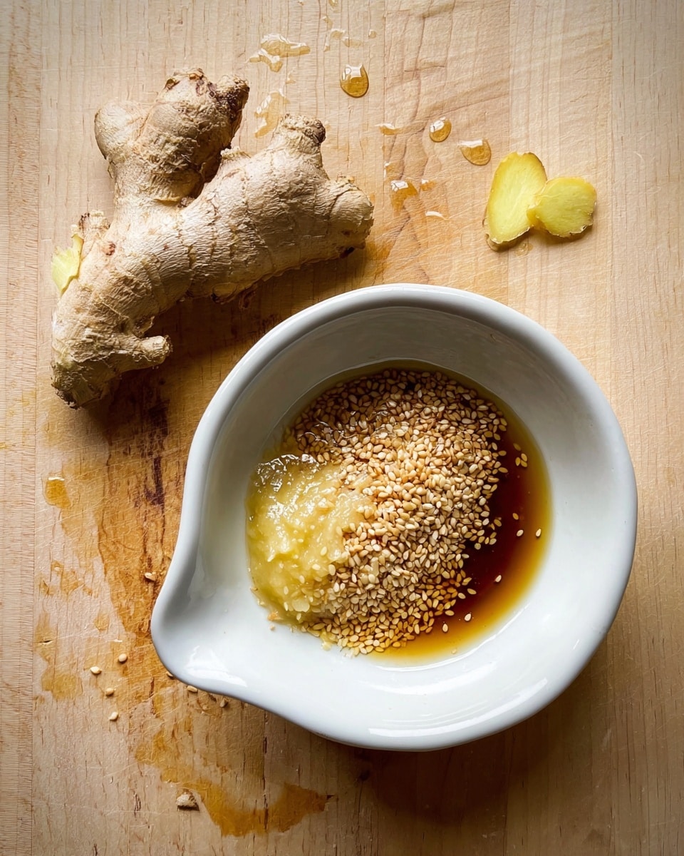 A white bowl with a small spout contains a mix of light brown liquid, a heap of beige sesame seeds, and a pale yellow paste. The bowl is placed on a light wooden surface with a piece of whole ginger root and a small ginger slice beside it. Some small bits of ginger and liquid drops are scattered around on the wooden surface. The photo taken with an iphone --ar 4:5 --v 7