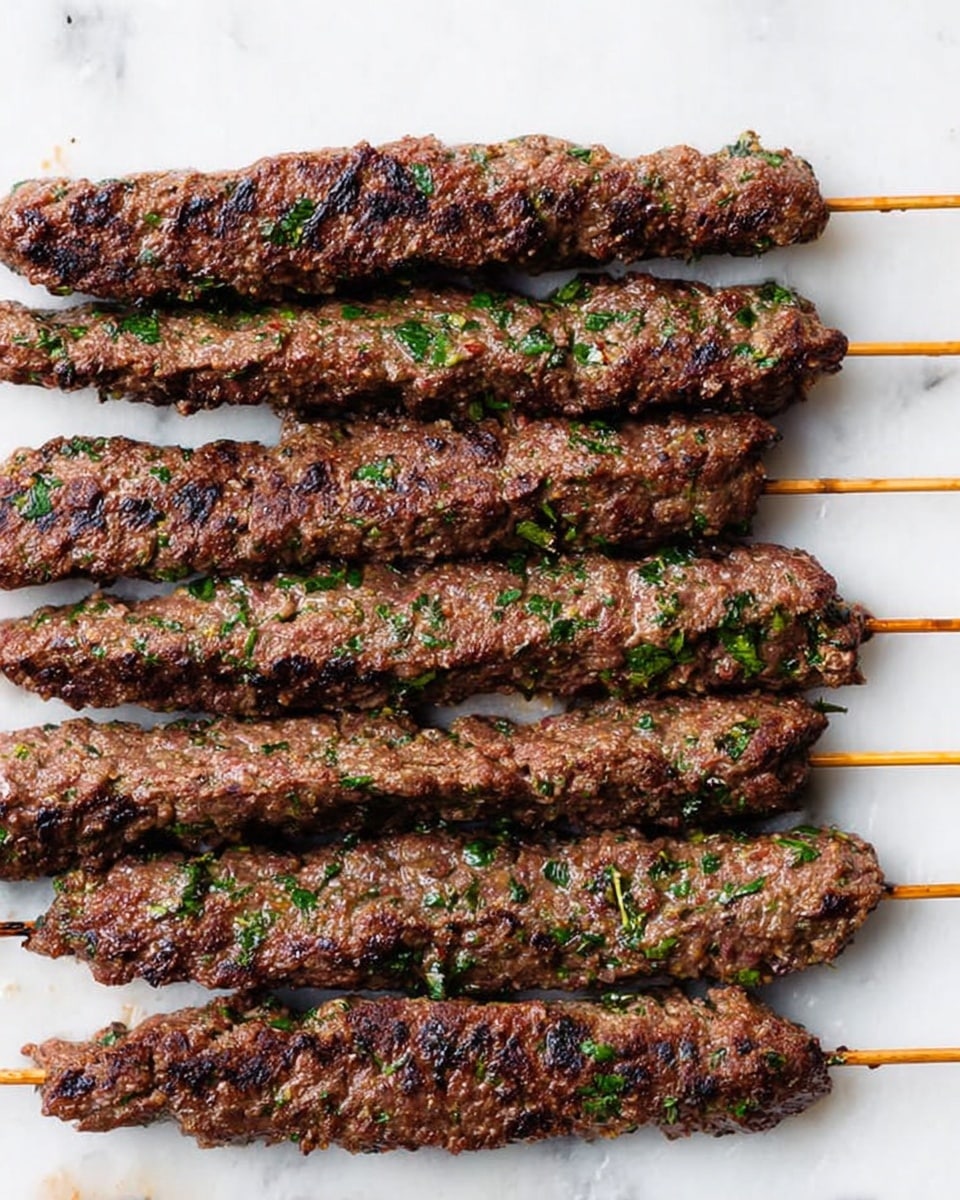 The image shows six long, flat meat skewers arranged horizontally on a white marbled surface. The meat is dark brown with visible green herbs mixed into it, giving it a textured look. The wooden skewers stick out slightly from the edges of the meat. The overall scene is simple, focused on the grilled meat with no additional items or decorations around. Photo taken with an iphone --ar 4:5 --v 7