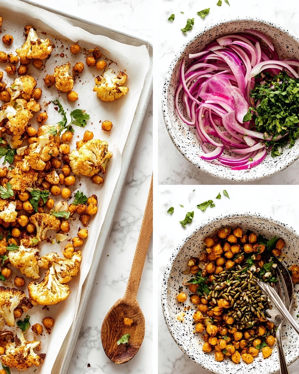 A white baking tray on a white marbled surface holds lightly browned cauliflower pieces and crispy chickpeas, while a wooden spoon scoops some from the tray. Nearby, a white bowl with black speckles on a white marbled surface contains layers of thin, curved red onion slices on one side, chopped green herbs on the other, and a heap of green seeds in the middle. The bowl is shown again with a shiny silver fork mixing the onion, herbs, and seeds together, all resting on the white marbled surface with some herbs scattered around. photo taken with an iphone --ar 4:5 --v 7