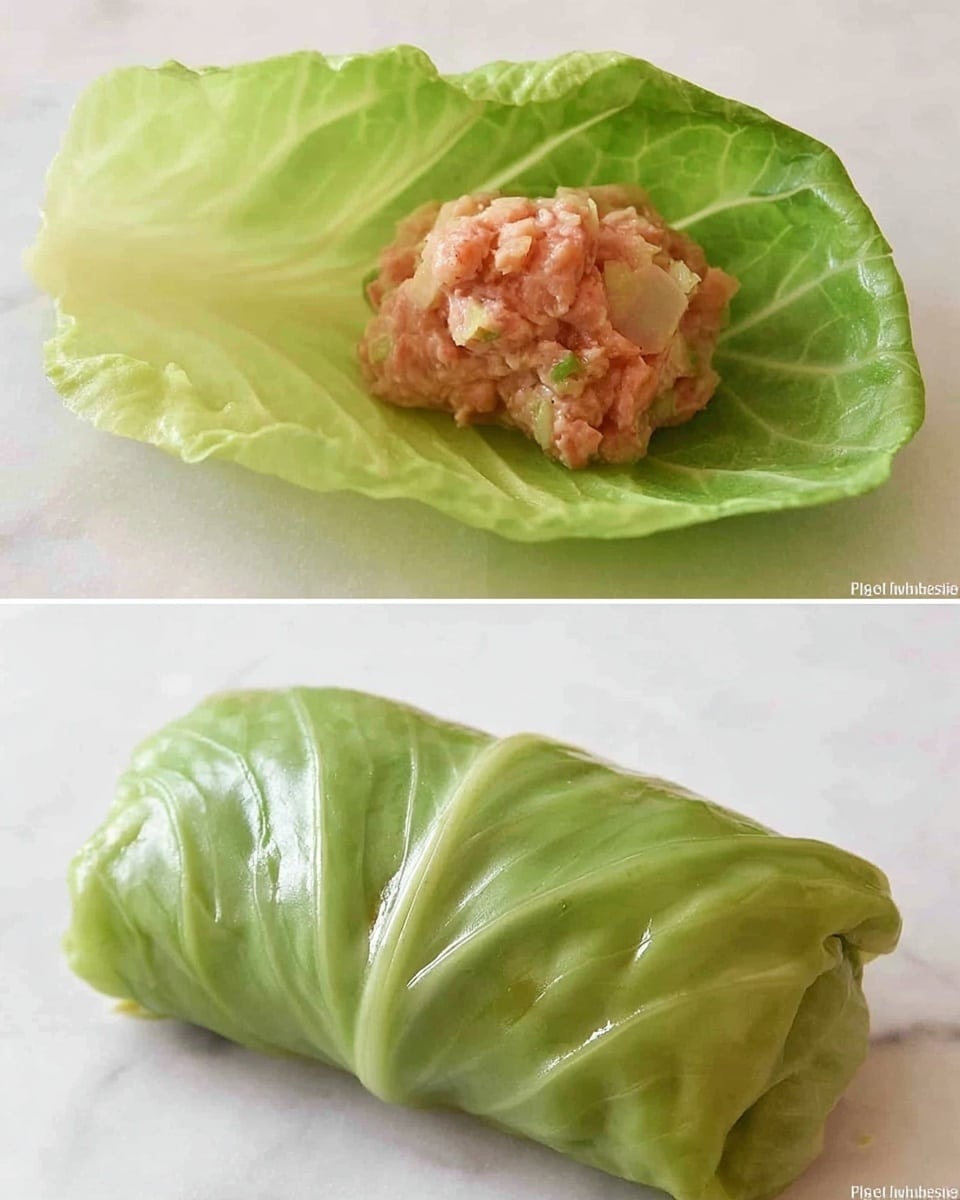 The image shows two stages of making a cabbage roll on a white marbled surface. The top part features a fresh, light green cabbage leaf with visible veins and soft edges, open flat and holding a small mound of chunky, reddish filling mixed with bits of white ingredients in the center. The bottom part displays the same cabbage leaf rolled up tightly into a compact, smooth, shiny green cylinder with slight folds on the surface. photo taken with an iphone --ar 4:5 --v 7