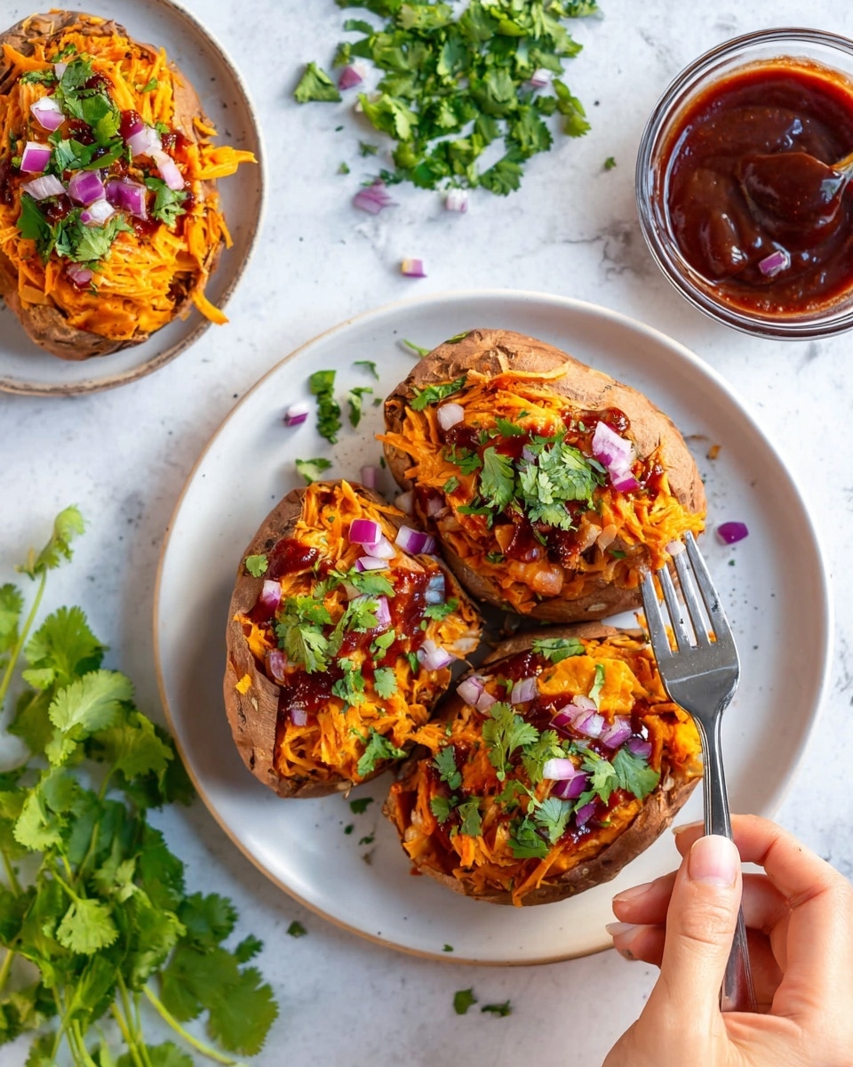 The image shows a white round plate with three baked sweet potatoes that have been split open and filled with shredded orange filling, likely sweet potato mash or chicken, topped with dark red sauce, finely chopped purple onions, and fresh green cilantro. One sweet potato is being scooped with a fork held by a woman's hand from the bottom right corner. Nearby, there is another white round plate with a single baked sweet potato topped with similar ingredients. Fresh cilantro bunches and scattered chopped onions decorate the white marbled surface. A glass bowl filled with the same dark red sauce sits to the right, adding a colorful contrast. The photo taken with an iphone --ar 4:5 --v 7