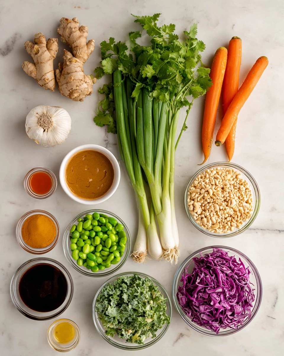 The image shows various fresh ingredients neatly arranged on a white marbled surface. At the top are whole ginger roots, a head of garlic, two bright orange carrots, and three stalks of green onions with white ends. In the center is a bunch of fresh cilantro with green leaves. Around these, there are small white bowls holding different items: bright green frozen edamame beans, light brown cashew nuts, shredded purple cabbage, light green chopped kale, and a bowl filled with pale yellow sesame seeds. Additionally, there are six small clear bowls with sauces and liquids in colors ranging from dark brown, orange, red, light yellow, to a thick tan-colored paste. The overall layout is clean and organized, with the colors of the vegetables and sauces standing out against the white marbled surface. Photo taken with an iphone --ar 4:5 --v 7