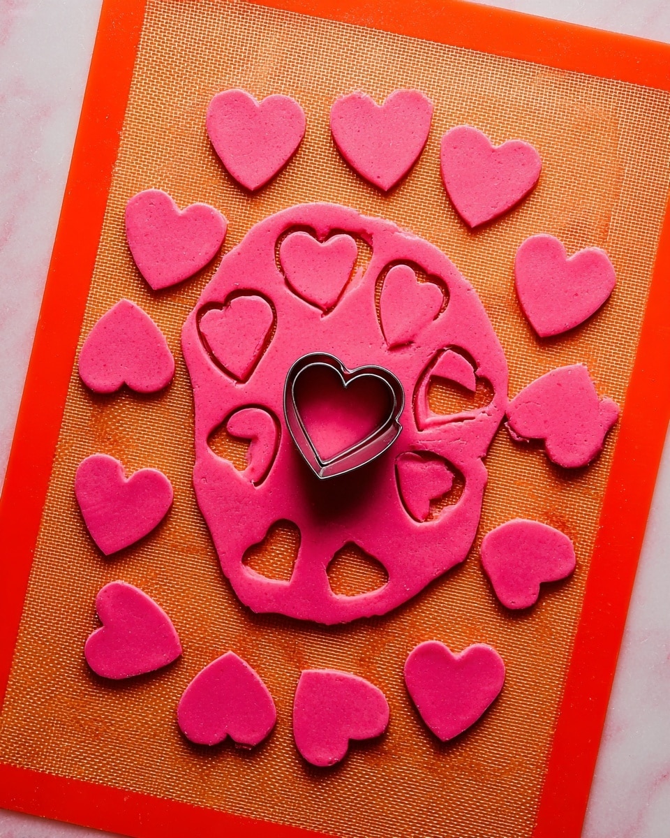 A circle of bright pink dough is rolled out flat on an orange baking mat, which is placed on a white marbled surface. Many heart shapes are cut out from the dough using a small heart-shaped metal cutter positioned in the center. Around the rolled dough, several solid pink heart-shaped pieces are neatly arranged all over the baking mat, showing a soft texture and smooth edges. photo taken with an iphone --ar 4:5 --v 7