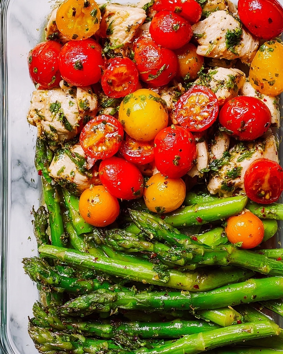 The image shows a dish with two clear layers on a white marbled surface. The top layer consists of white pieces of cooked chicken mixed with halved red and yellow cherry tomatoes, all seasoned with visible herbs and spices, giving the chicken a slightly green and brown speckled texture. The bottom layer is made up of bright green asparagus stalks cooked with a few whole and halved cherry tomatoes scattered on top, adding pops of red and yellow color. The asparagus looks tender with a light sheen, and the tomatoes display a juicy, fresh texture. photo taken with an iphone --ar 4:5 --v 7