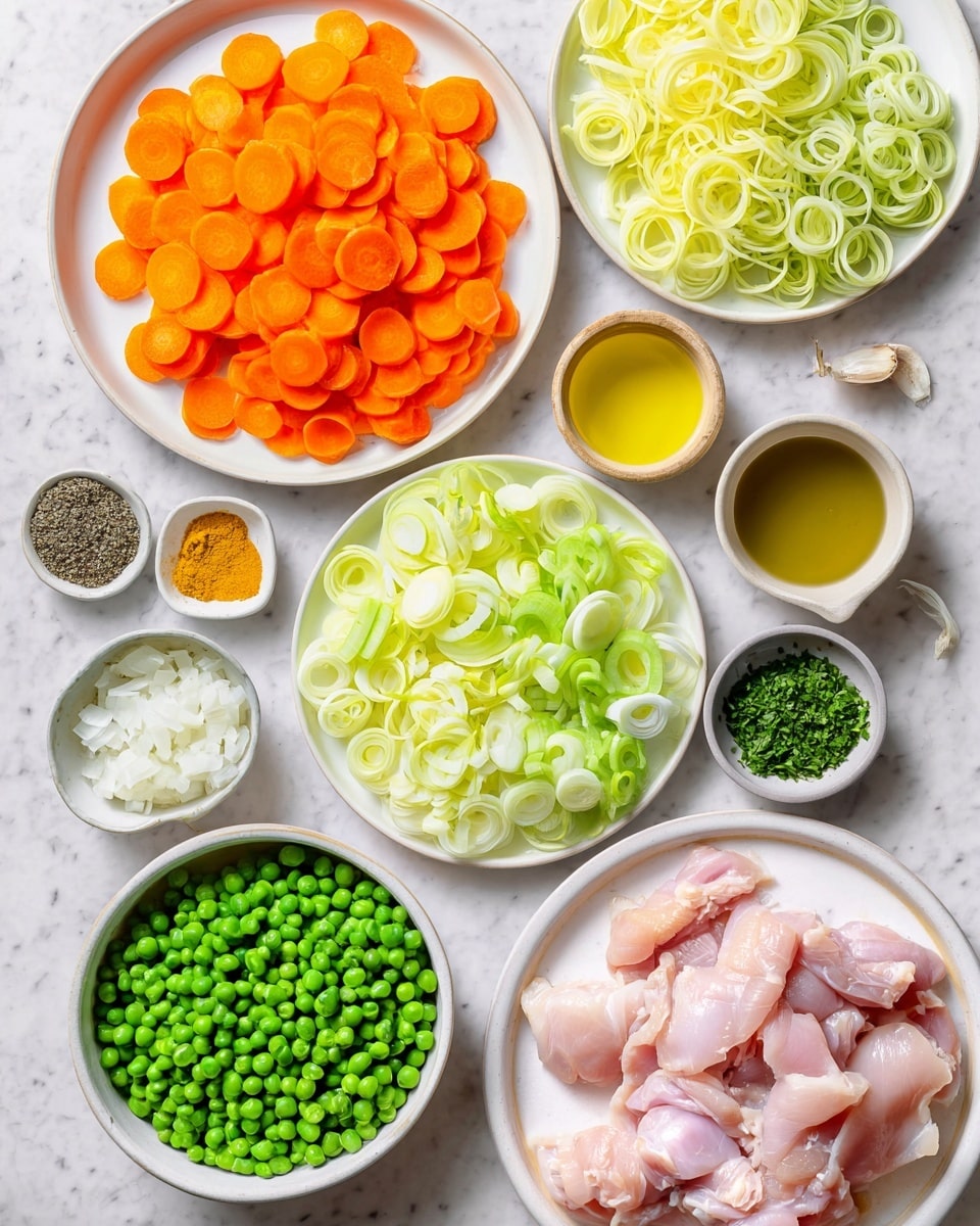 The image shows an organized flat lay of fresh cooking ingredients on a white marbled surface. In the middle is a white plate with two layers: half is bright orange carrot slices, and the other half is light green celery slices. Above it, a white plate holds pale green and yellow curly leek rings. To the right, a white plate contains raw pink chicken pieces. Below the chicken, a white small bowl is filled with chopped white onions. Under the main plate, a white bowl is filled with green peas. Around these plates are small bowls and dishes holding green chopped herbs, golden yellow cooking oil, minced garlic, turmeric powder, and black and white salts. The colors and textures create a fresh and natural setup. Photo taken with an iphone --ar 4:5 --v 7