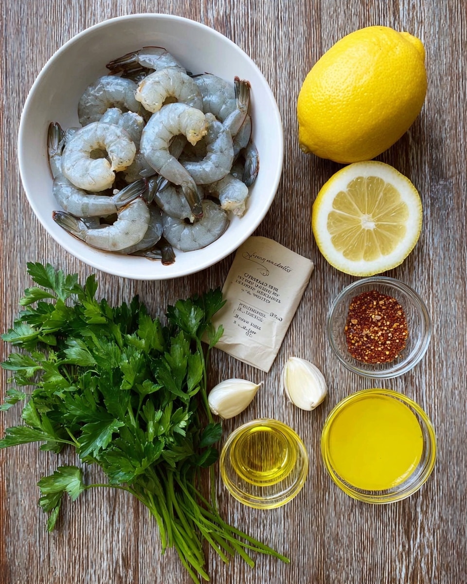 A white bowl filled with peeled raw shrimp shows a tight cluster of grayish blue bodies with darker tail ends, placed on a wooden surface. Next to the bowl, a bunch of fresh bright green parsley lies flat with its leaves spread out. A whole, large, yellow lemon is positioned nearby with a small clear glass measuring cup half-filled with light yellow oil beside it. Below these, three garlic cloves are scattered near a glass container labeled