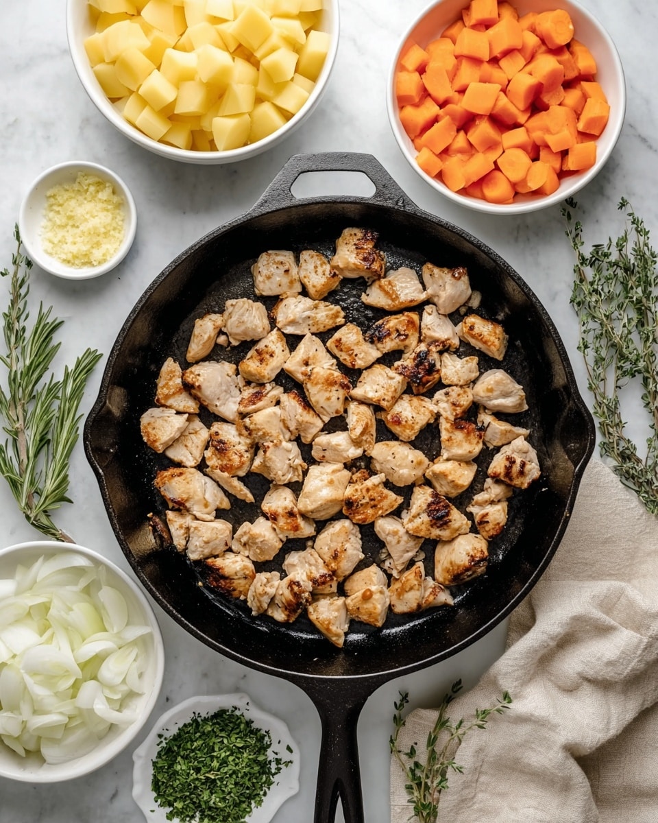 A black cast iron pan filled with small browned chicken pieces evenly spread out, showing a grilled texture with light golden and white tones. Around the pan, there are four white bowls positioned on a white marbled surface: the top left bowl contains yellow cubed potatoes, the top right bowl holds sliced bright orange carrots, the bottom left bowl has sliced white onions, and the bottom right bowl includes finely chopped green herbs next to a small white bowl of minced pale yellow garlic. Fresh green sprigs of rosemary and thyme are placed near the pan, and a beige cloth is partially visible at the bottom right corner. Photo taken with an iphone --ar 4:5 --v 7