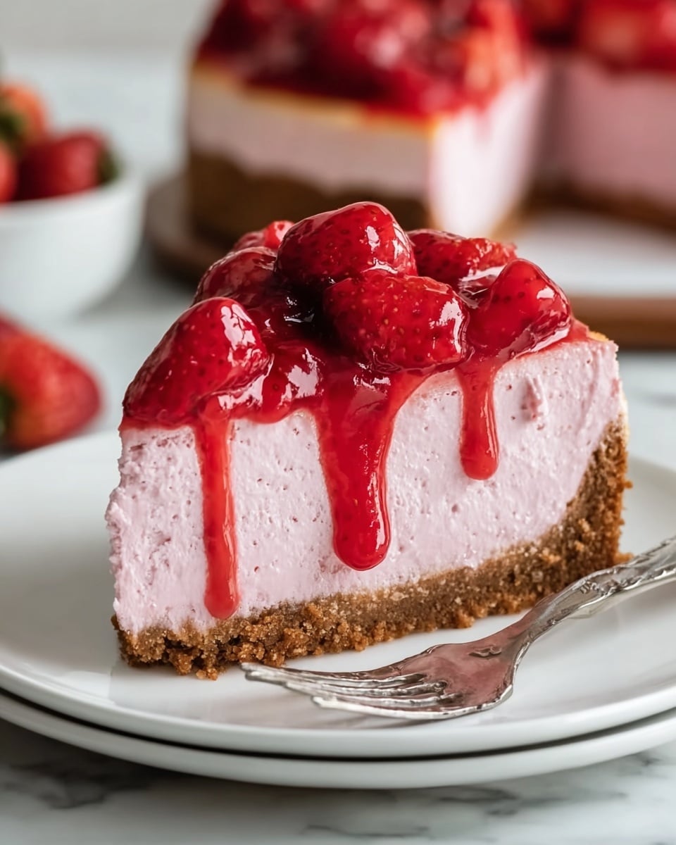 A slice of strawberry cheesecake is shown on a white plate with a shiny silver fork next to it. The cheesecake has three layers: a thick, crumbly brown crust at the bottom, a smooth and dense light pink cream cheese layer in the middle, and a generous topping of bright red strawberries covered in glossy, dripping strawberry sauce on top. The background features a white marbled surface with more cheesecake pieces blurred in the distance. Photo taken with an iphone --ar 4:5 --v 7