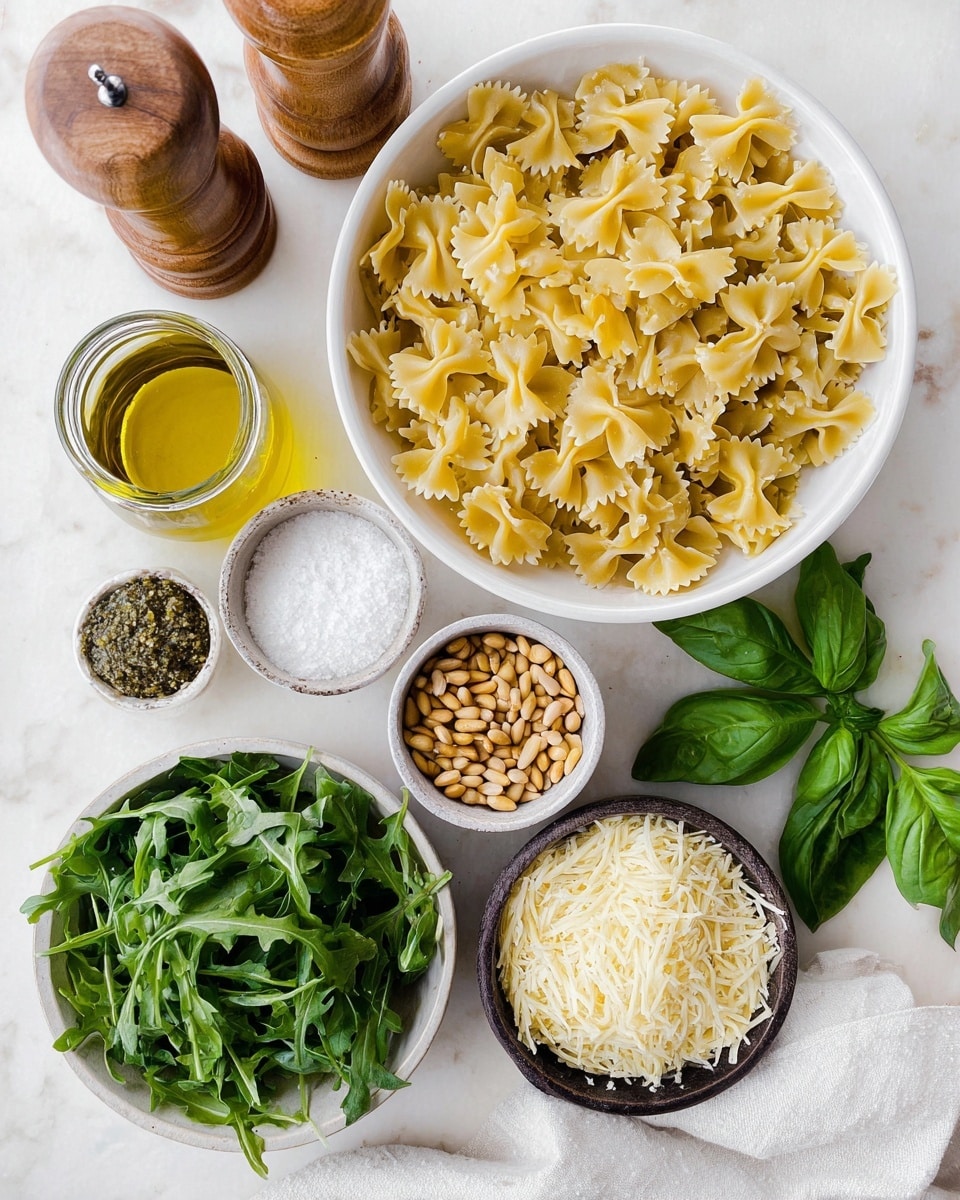 The image shows ingredients arranged neatly on a white marbled surface. At the top right, there is a white bowl filled with uncooked bow-tie pasta that is pale yellow and textured. To its left, there is a wooden container with coarse salt and next to it a wooden pepper grinder. Below these are a small glass jar holding golden olive oil with herbs, a small white bowl of fine salt, and a dark bowl full of toasted pine nuts. Next to the pine nuts, there is fresh dark green basil bunch, while at the bottom left, a small white bowl contains fresh, bright green arugula leaves. To the right of the arugula bowl, a dark bowl is filled with finely grated pale yellow cheese. A white cloth is partially visible at the bottom. Photo taken with an iphone --ar 4:5 --v 7