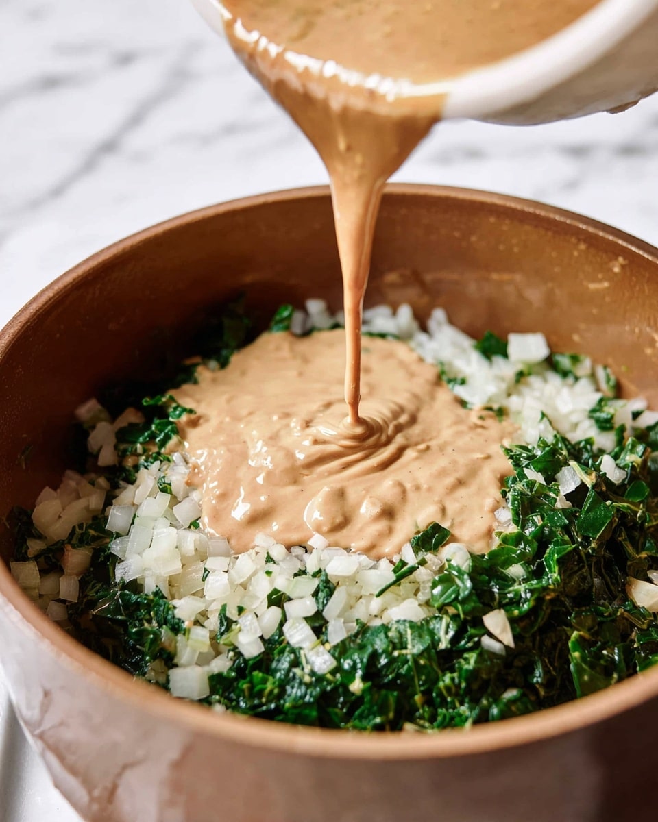 The image shows a close-up of a pot with three visible layers inside. The bottom layer is finely chopped white onions scattered around. On top of the onions is a layer of dark green chopped leafy vegetables, spread evenly. A light brown creamy sauce with a smooth texture is being poured over these layers, creating soft waves as it settles on the greens and onions. The pot is a light brown color with a smooth ceramic finish, and the background has a white marbled texture. photo taken with an iphone --ar 4:5 --v 7