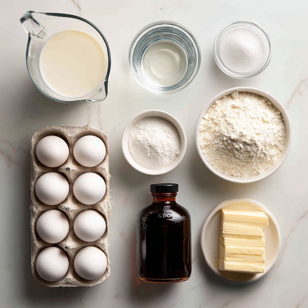 The image shows baking ingredients arranged neatly on a white marbled surface. There are two clear glass measuring cups at the top, one filled with milk and the other with water. Below them, three white small bowls hold sugar, flour, and another white powdery ingredient. To the right, there is a dark brown bottle of vanilla bean paste and two sticks of unsalted butter stacked on top of each other. On the lower left side, a carton holds eight white eggs positioned with some space between them. The overall scene is bright and clean, with the ingredients clearly visible. photo taken with an iphone --ar 4:5 --v 7