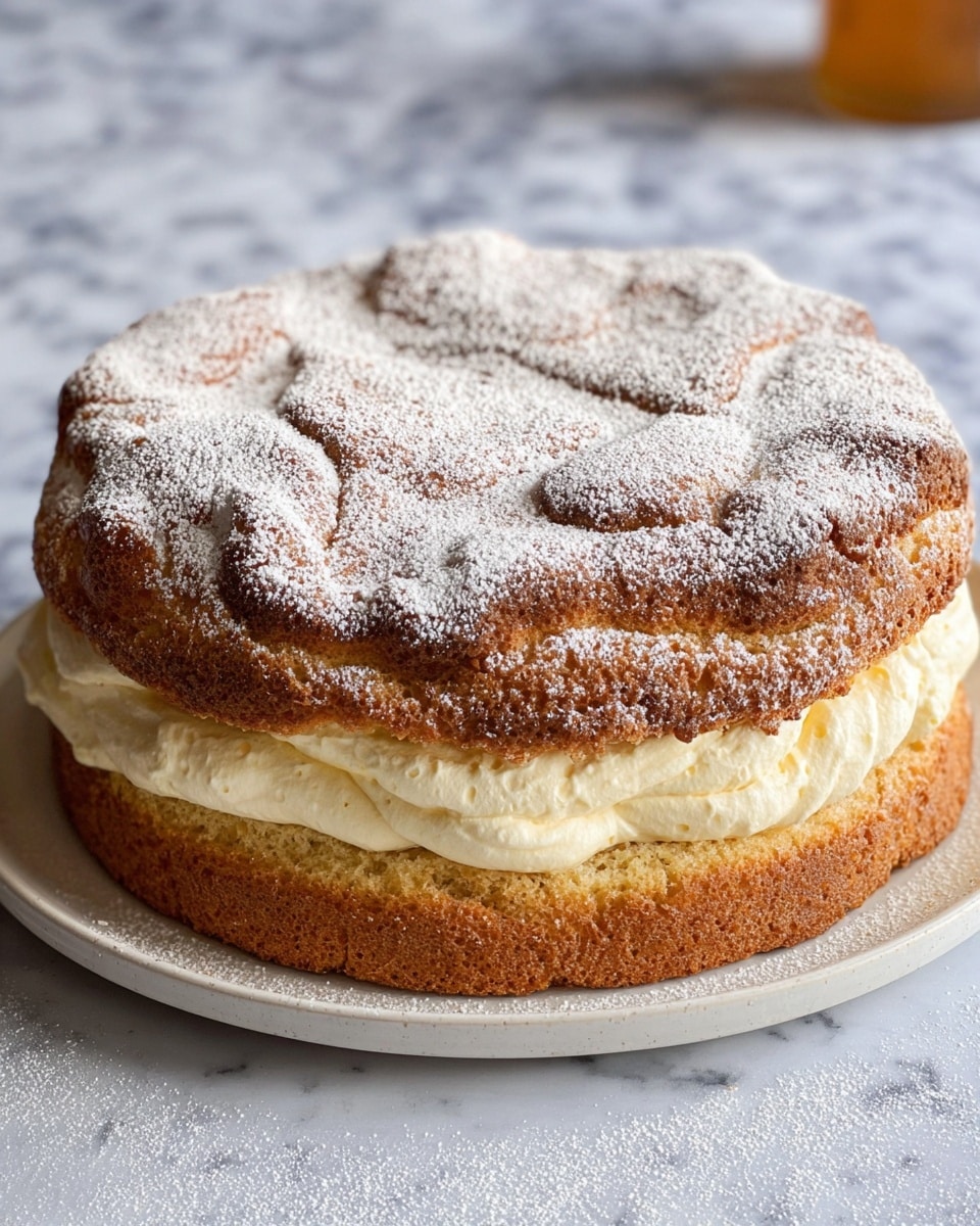 A two-layer cake sits on a white plate on a white marbled surface. The bottom layer is a golden-brown cake with a rough texture. The middle layer is thick and creamy, pale yellow with specks that suggest vanilla. The top layer is another golden-brown cake, puffed and uneven with a slightly crispy surface, dusted generously with fine white powdered sugar. The overall look is fluffy and soft with a contrast between the browned cake layers and the light cream in the middle. Photo taken with an iphone --ar 4:5 --v 7