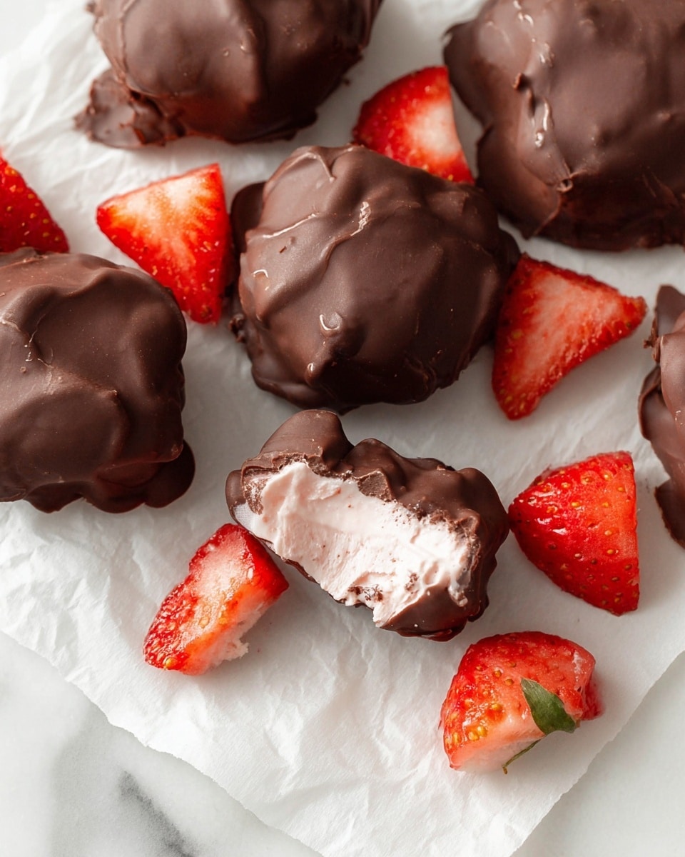 The image shows several small, round chocolate-covered treats resting on white parchment paper, placed on a white marbled surface. Each treat has a thick, uneven dark brown chocolate shell with a smooth yet slightly bumpy texture. One treat is broken open, revealing a creamy pale pink filling inside, visible under the chocolate layer. Around the treats are fresh red strawberry halves and small strawberry chunks with green tops still attached, adding bright red and green colors to the scene. The overall arrangement is casual and inviting, with the rich chocolate and fresh fruit contrasting against the clean white background. photo taken with an iphone --ar 4:5 --v 7