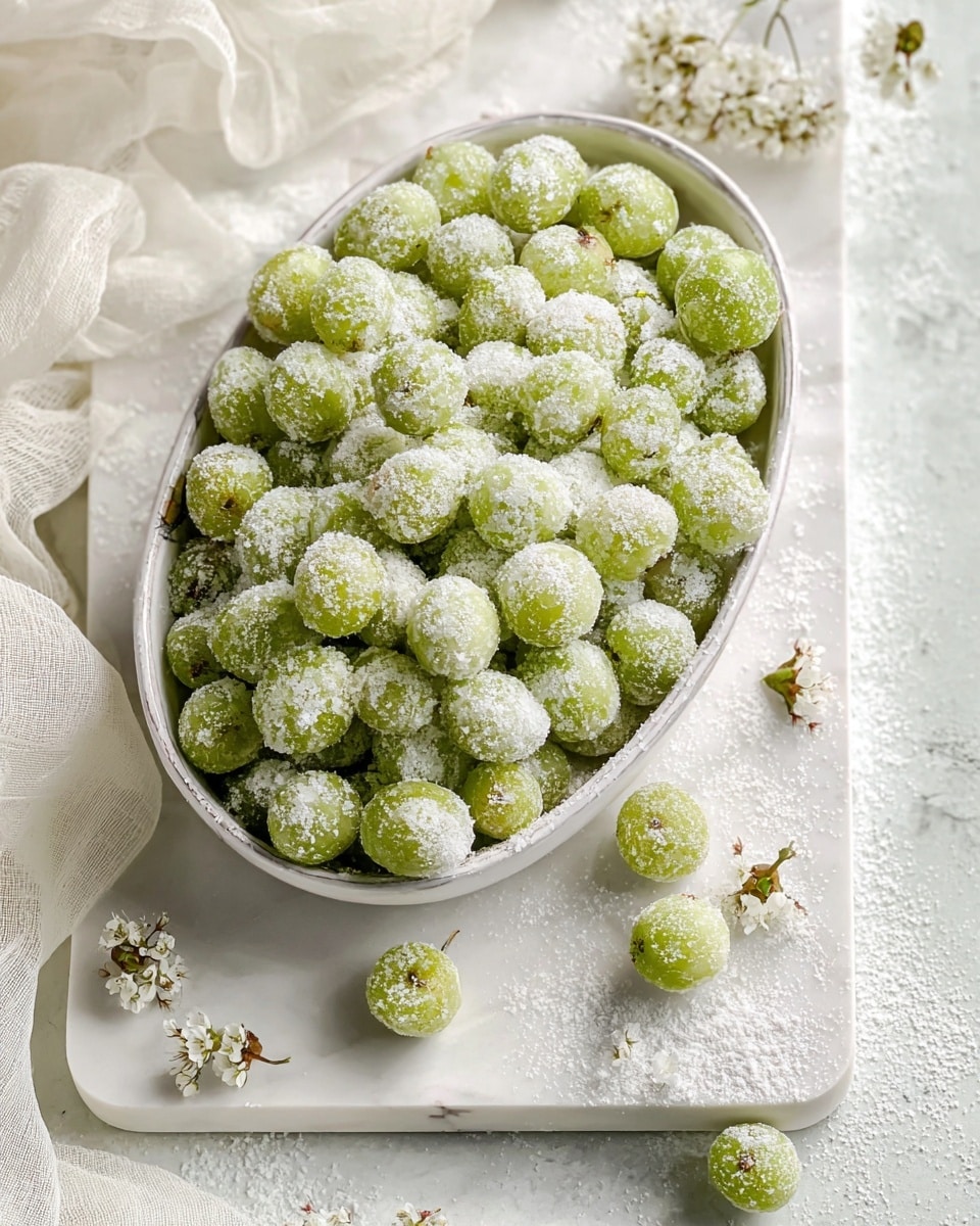 A white oval bowl filled with many small light green round fruits covered in a layer of white sugar crystals piled high, some fruits spill over onto a white marbled rectangular board below, with small white flowers scattered around the bowl and soft cream fabric partially visible on the left side, all placed on a white marbled texture surface, photo taken with an iphone --ar 4:5 --v 7