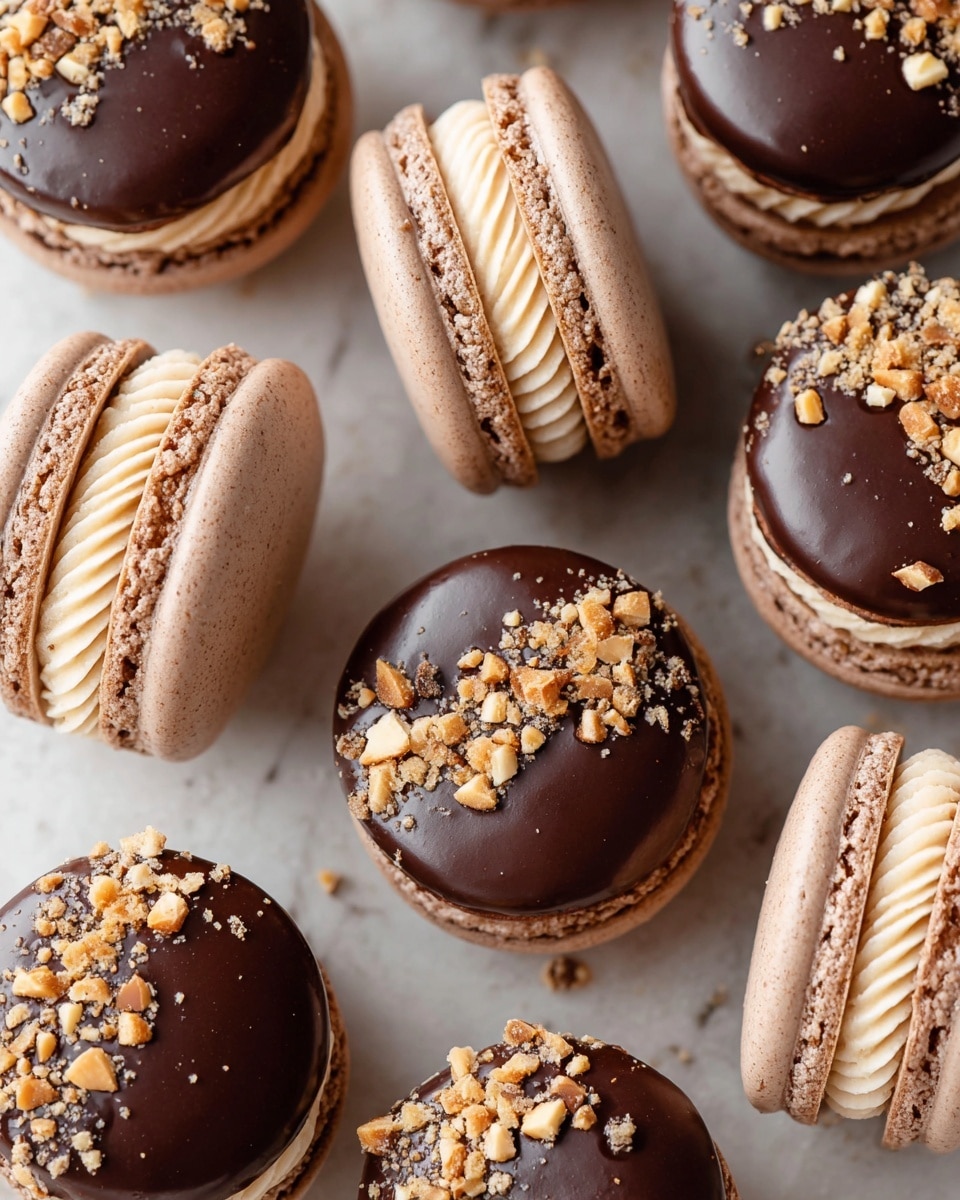 The image shows several chocolate macarons placed on a white marbled texture. Each macaron has two light brown cookie layers with a smooth texture, filled with a thick, light cream-colored piped filling. The top cookie is half-coated in glossy dark chocolate with small pieces of crushed nuts sprinkled on the chocolate layer, mostly arranged in a line across the center. The macarons are closely arranged with some leaning on each other, showing their side and top views for a detailed look at the layers. photo taken with an iphone --ar 4:5 --v 7