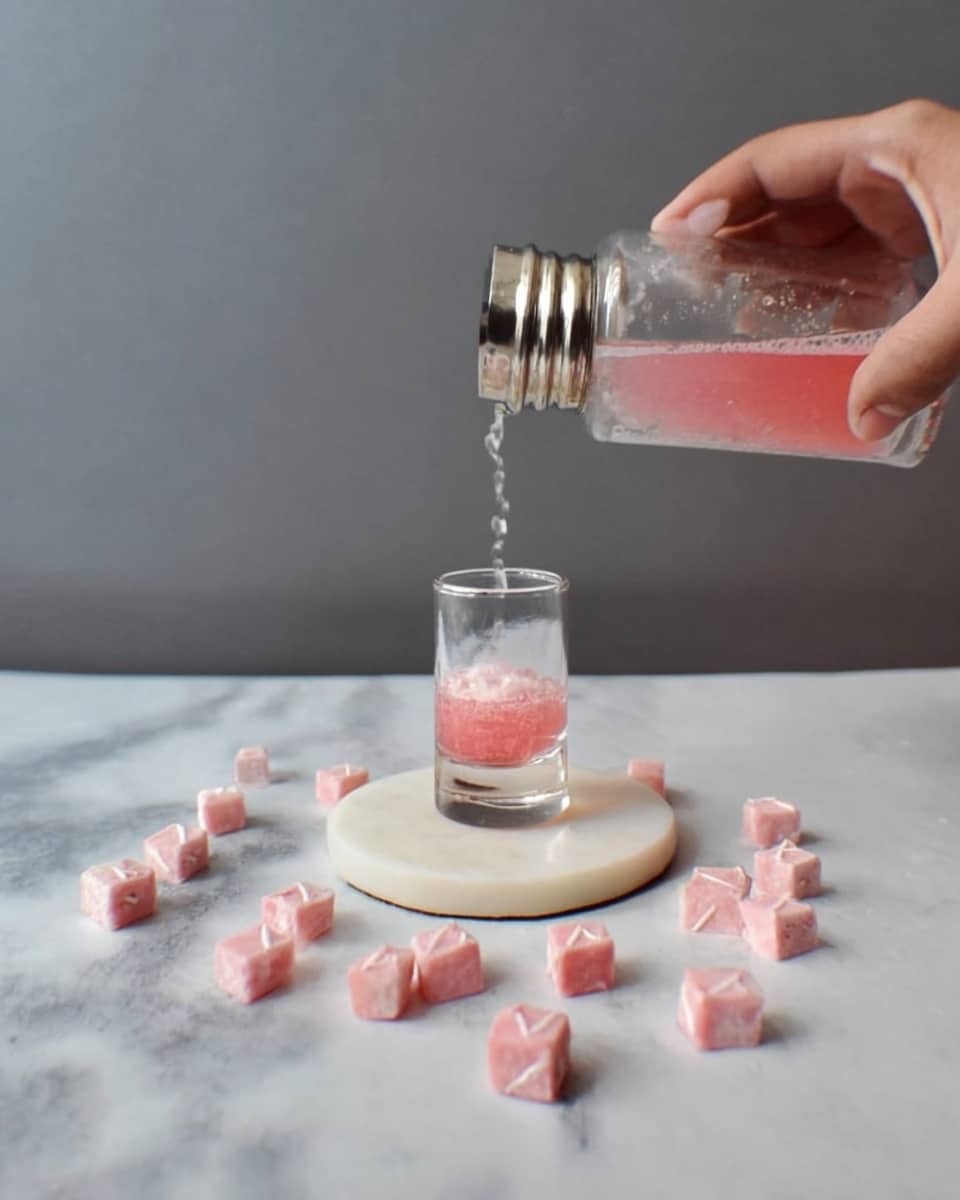 A clear glass jar on a white marbled surface is being filled with a pale pink liquid, with visible ice cubes inside the jar. Around the jar, scattered pink square candies add color and texture, arranged loosely in a circular pattern. The background is a soft gray, creating a simple and clean scene. photo taken with an iphone --ar 4:5 --v 7