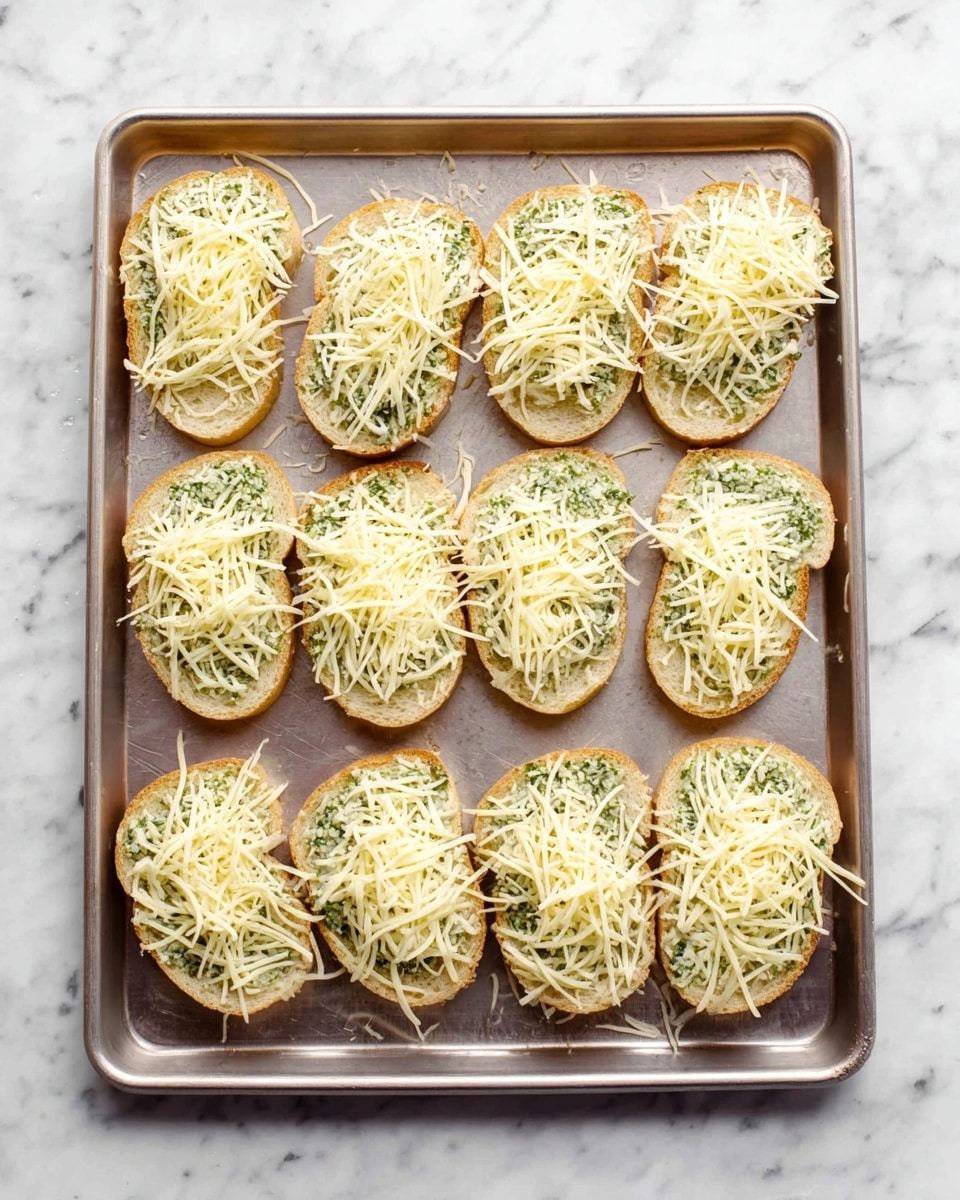 A baking tray holds 14 slices of bread, each topped with a layer of green herb spread, which looks creamy and smooth, followed by a thick layer of shredded light yellow cheese covering the entire top surface of each slice. The tray is on a white marbled surface. The bread slices are arranged in neat rows, with small gaps between them, showing their golden crust edges and soft inside under the toppings. Photo taken with an iphone --ar 4:5 --v 7