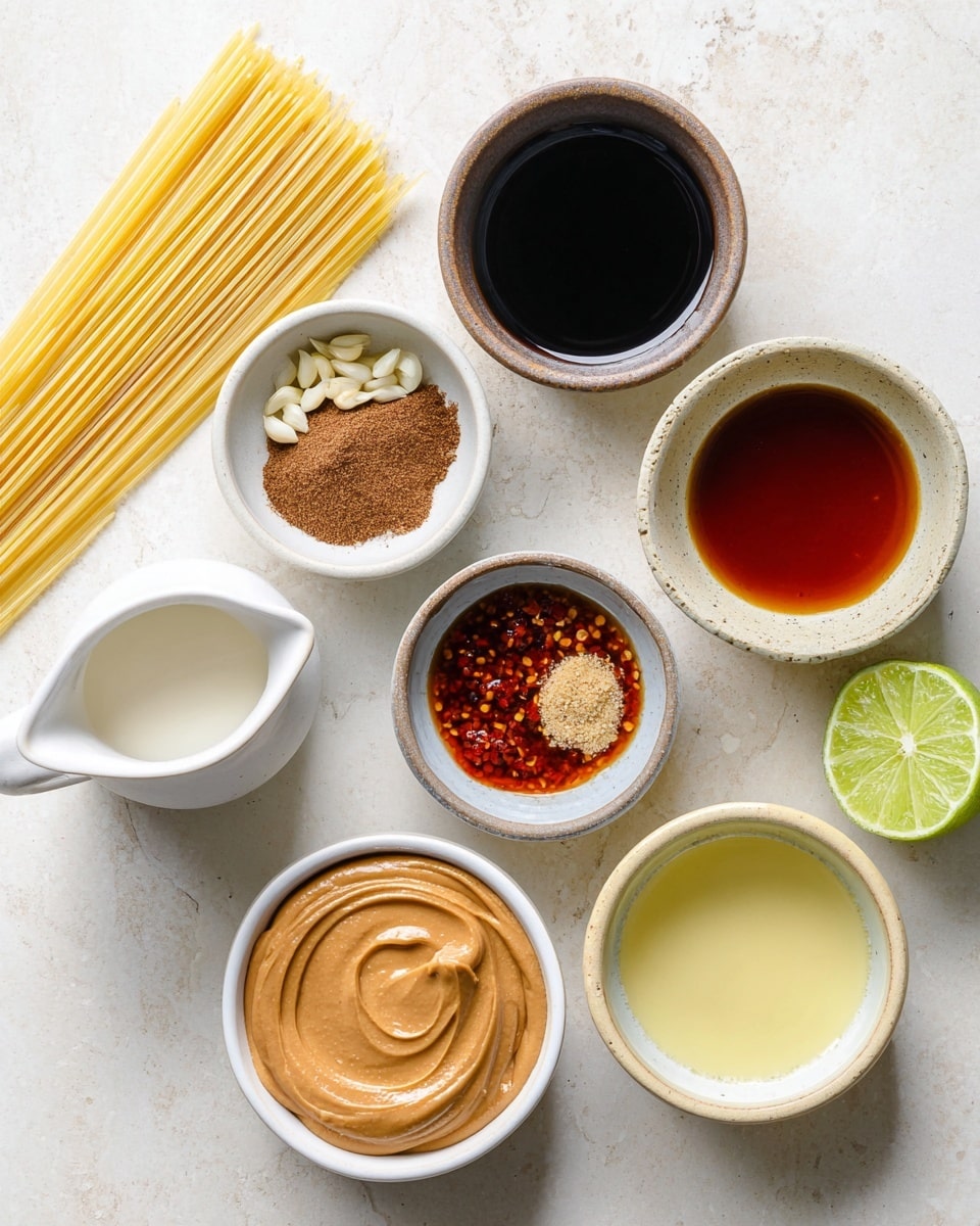 Several small bowls and a white pitcher hold different ingredients arranged neatly on a white marbled surface. From top left clockwise, there are pale yellow spaghetti sticks, a bowl with dark soy sauce, a white pitcher with creamy coconut milk, a small bowl with chopped garlic and red chili flakes, a dark bowl with brown ground spices, a bowl with red-brown thick sauce, a small bowl with amber-colored liquid, a half lime with bright green inside, a white pitcher with light yellow liquid, and a bowl in the center containing smooth, light brown peanut butter. The colors and textures are clearly visible, showing smooth, chunky, and liquid forms. Photo taken with an iphone --ar 4:5 --v 7
