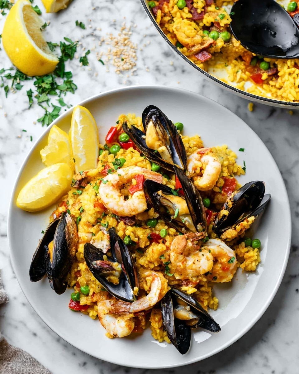 A white plate filled with a colorful seafood paella, showing a vibrant yellow rice base mixed with small green peas and red pieces of bell pepper. On top, there are several large shrimp with pink and white tones, black mussels with shiny shells open to reveal the creamy inside, and small white pieces of squid. Three thin lemon slices with pale yellow skin rest on the left side of the plate. The dish looks textured and moist with visible herbs and small bits of cooked vegetables. Part of a white pan filled with more of the same dish is visible at the top right, with a black spoon scooping some rice. The plate sits on a white marbled surface with some scattered grains and a small bunch of fresh green herbs nearby. photo taken with an iphone --ar 4:5 --v 7