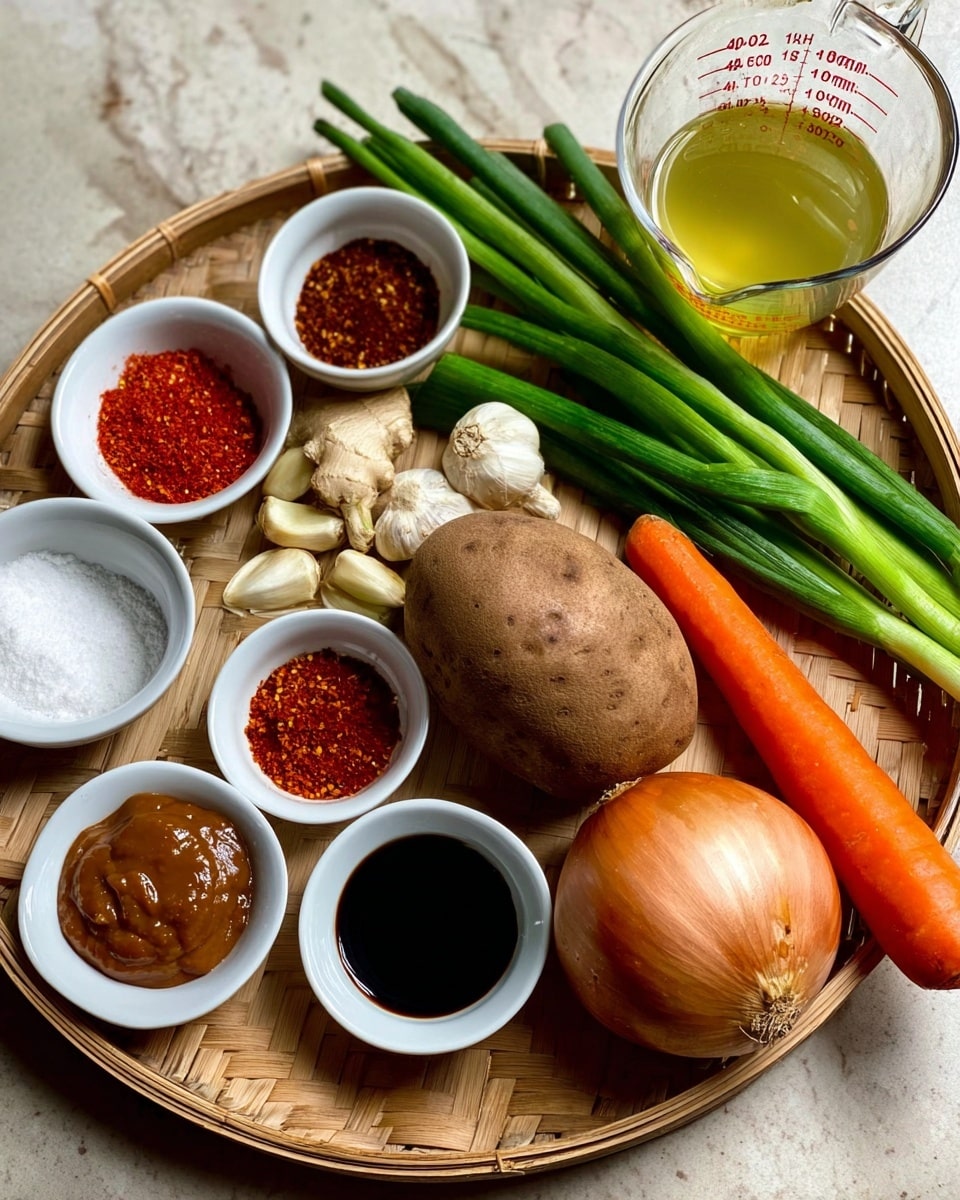 The image shows a round bamboo basket filled with fresh vegetables including a large brown potato in the center, a big orange carrot to the right, a whole onion, several green onions, a green chili, garlic cloves, and a small piece of ginger. Around the basket, there are seven small white bowls each holding different ingredients: one with red chili flakes, one with a red paste, one with white sugar, one with a dark soy sauce, one with a brown peanut paste, one with a light yellow liquid, and one clear glass measuring cup filled with a light yellow liquid behind the basket. The items are all placed on a surface with a white marbled texture photo taken with an iphone --ar 4:5 --v 7