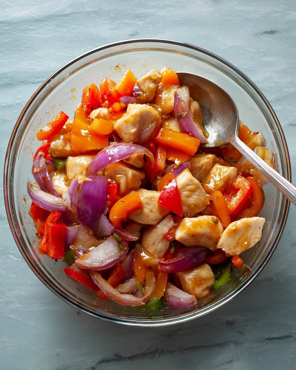 A clear glass bowl holds a mix of light beige raw chicken pieces layered with bright orange and red bell pepper chunks, and thick wedges of purple-red onion, all coated lightly with a glossy sauce. A silver spoon rests inside the bowl on the right side. The bowl sits on a white marbled surface with soft lighting highlighting the fresh colors and textures of the ingredients. Photo taken with an iphone --ar 4:5 --v 7