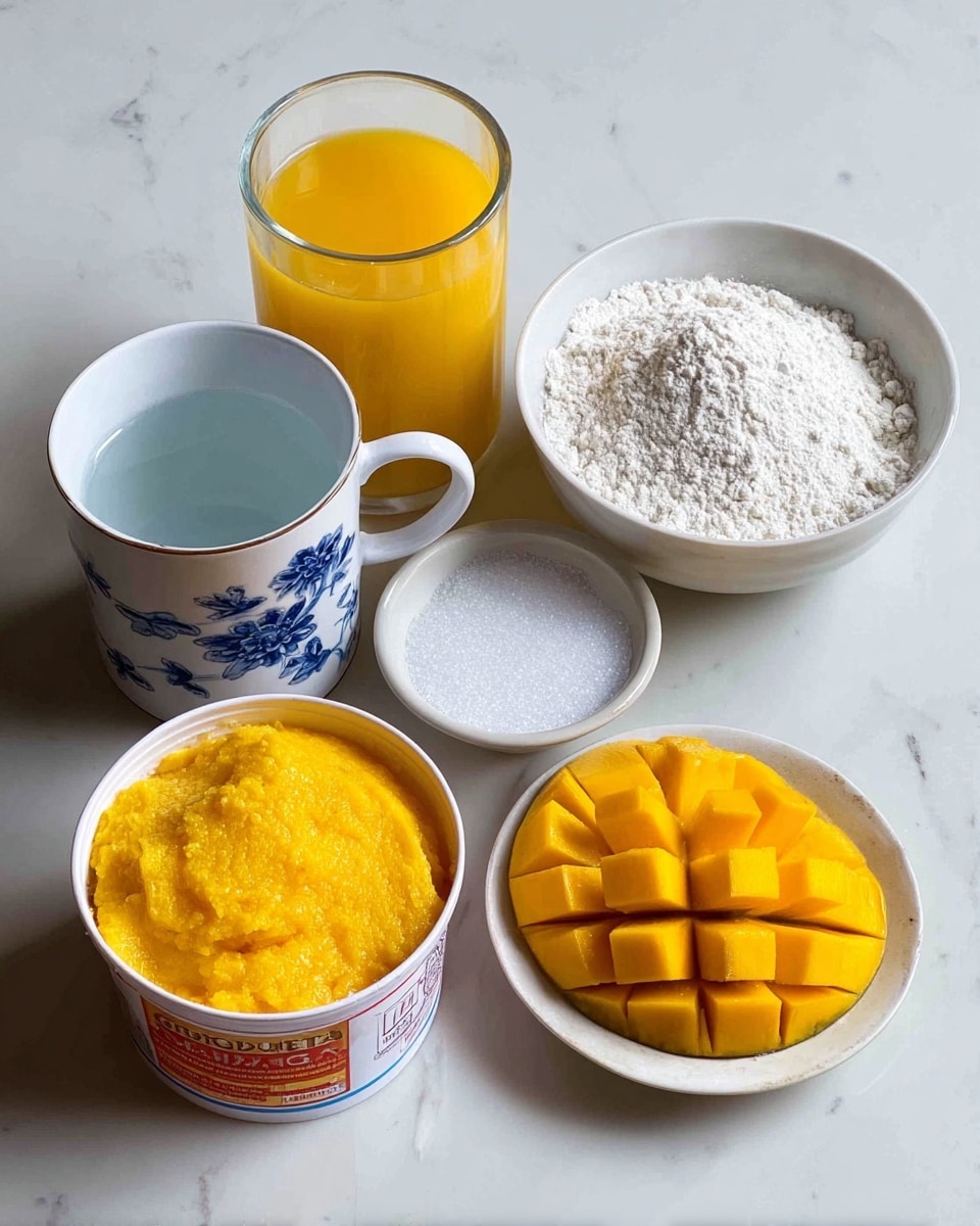 The image shows six items arranged on a white marbled surface: on the left, a white cup with blue floral designs filled with water, next to it a container of mango sorbet with a bright orange and yellow label, slightly melting on top; behind the sorbet is a clear glass filled with orange juice; to the right is a white bowl filled with fluffy white flour; next to it, a white ceramic dish with granulated white sugar inside; and on the far right, a small white bowl holding a diced mango with bright yellow-orange chunks fanned out neatly. Photo taken with an iphone --ar 4:5 --v 7