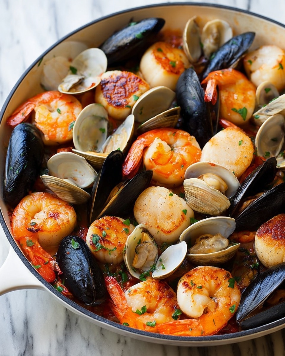 A close-up of a white skillet filled with a mix of seafood showing three main layers: juicy shrimp with orange-pink shells forming the top visible layer, golden-brown seared scallops with a smooth, slightly crispy surface sitting beneath the shrimp, and dark shiny mussels coupled with pale clams in their opened white shells scattered throughout. The skillet rests on a white marbled surface. The colors range from the bright orange-pink of the shrimp, the warm golden-brown of the scallops, to the black and white shells of the mussels and clams. photo taken with an iphone --ar 4:5 --v 7
