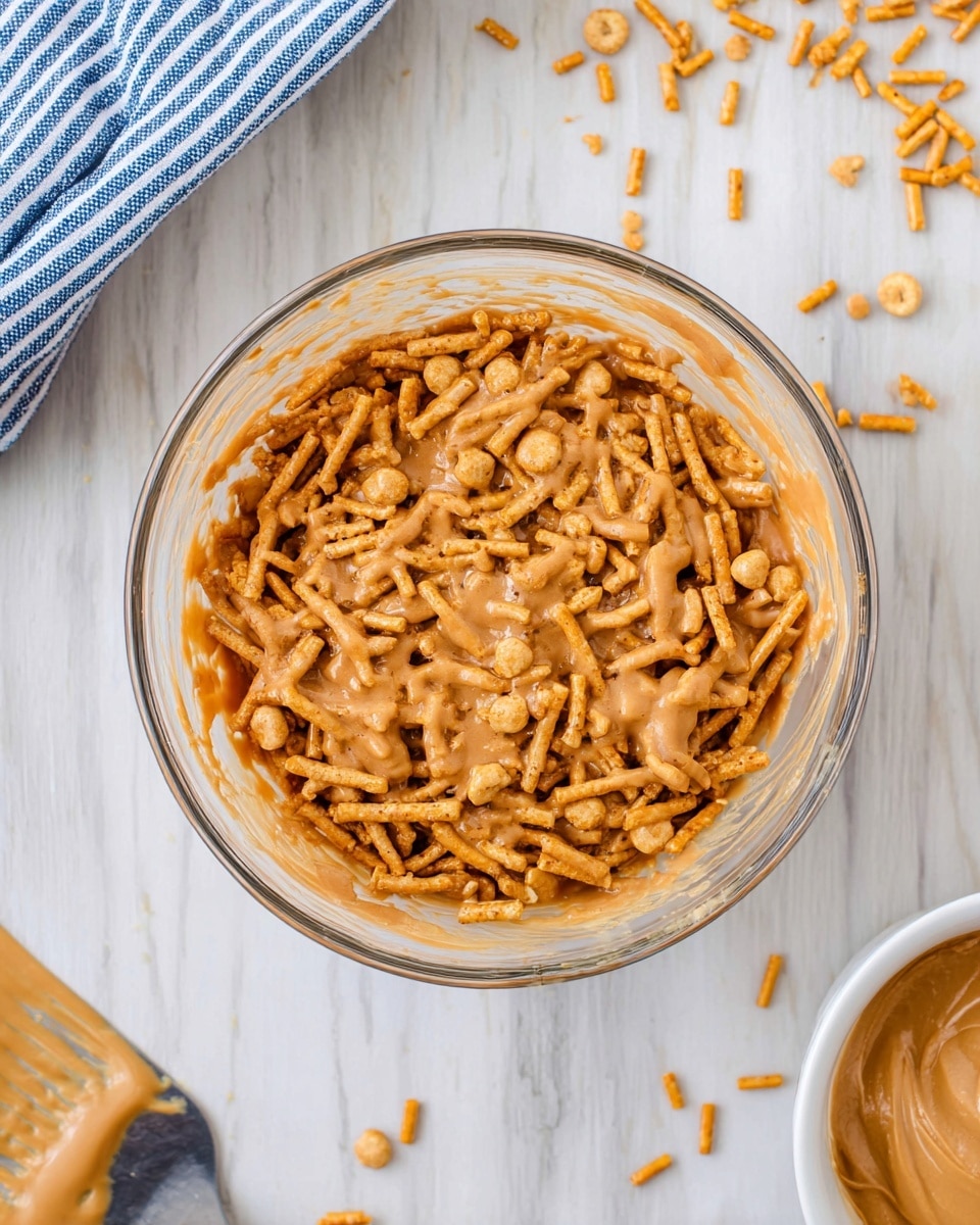 The image shows a clear glass bowl filled with a mix of light brown peanut butter coating thin, stick-like golden cereal pieces and small round cereal clusters. The peanut butter layer is thick and smooth, covering the cereal evenly. The bowl sits on a white marbled surface with a few scattered light brown cereal pieces and a white bowl with creamy peanut butter on the right edge. A blue and white striped cloth is partially visible in the top left corner, and a peanut butter-coated spatula rests near the bottom right, all adding soft, warm tones to the scene. photo taken with an iphone --ar 4:5 --v 7
