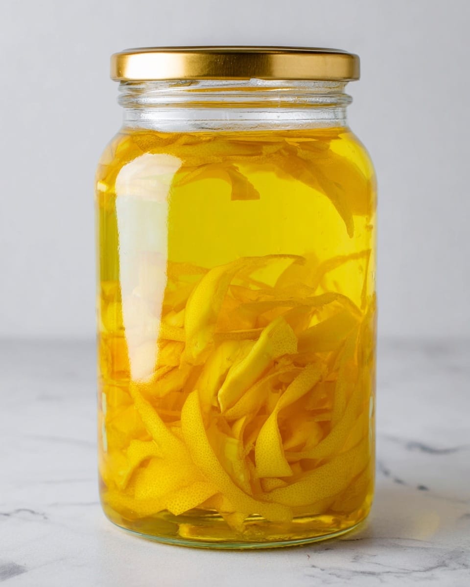A clear glass jar with a golden lid holds bright yellow lemon peels soaking in a translucent yellow liquid. The lemon peels are curly and layered densely at the bottom, with some pieces floating upward through the liquid. The jar sits on a white marbled surface with a simple, clean background. The light reflects softly on the jar, highlighting the texture of the lemon peels inside photo taken with an iphone --ar 4:5 --v 7
