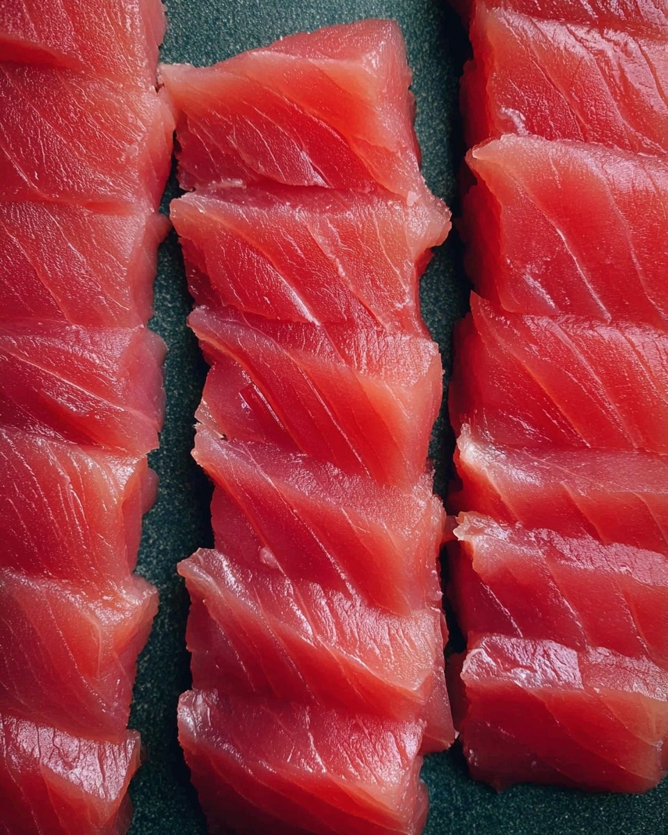 The image shows three rows of thin, pinkish-red slices of raw fish neatly placed on a dark green surface. Each row has a series of uniformly cut pieces with smooth, shiny textures that reveal the fresh, moist quality of the fish. The slices are arranged closely in a straight line, displaying slight variations in translucency and marbling. The background surface has a subtle rough texture, contrasting with the soft appearance of the fish. photo taken with an iphone --ar 4:5 --v 7