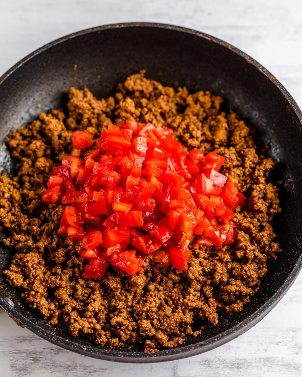 The image shows a black pan filled with two main layers of food. The bottom layer is a large amount of browned ground meat, evenly spread across the pan with a crumbly texture and deep brown color with hints of spices. On top of this, there is a pile of bright red diced tomatoes, slightly glossy and fresh, placed in the center of the meat. The pan itself sits on a white marbled surface, adding a clean and bright contrast to the dark pan and vibrant food inside. Photo taken with an iphone --ar 4:5 --v 7