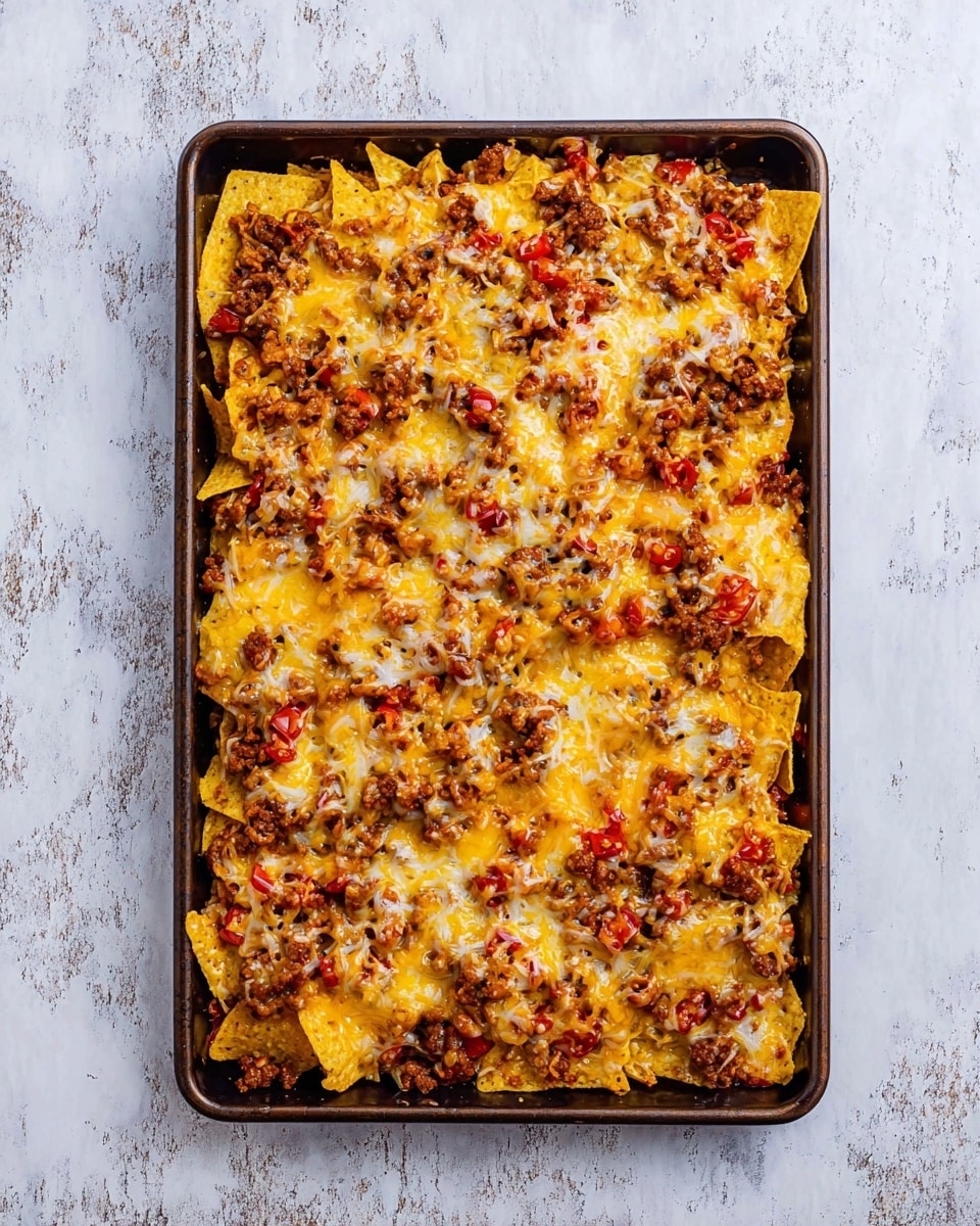 A rectangular pan filled with two main layers begins with a bottom layer of yellow tortilla chips showing edges and corners, topped by a thick layer of melted yellow and white cheese that covers the chips unevenly. Scattered over the cheese is a generous topping of browned ground meat mixed with small red diced tomatoes, creating a mix of textures. The melted cheese has a slightly stringy look, blending some parts with the meat and tomatoes on top. The pan sits on a white marbled surface that contrasts with the warm colors of the dish, making the yellow chips, orange cheese, and reddish meat stand out clearly. photo taken with an iphone --ar 4:5 --v 7