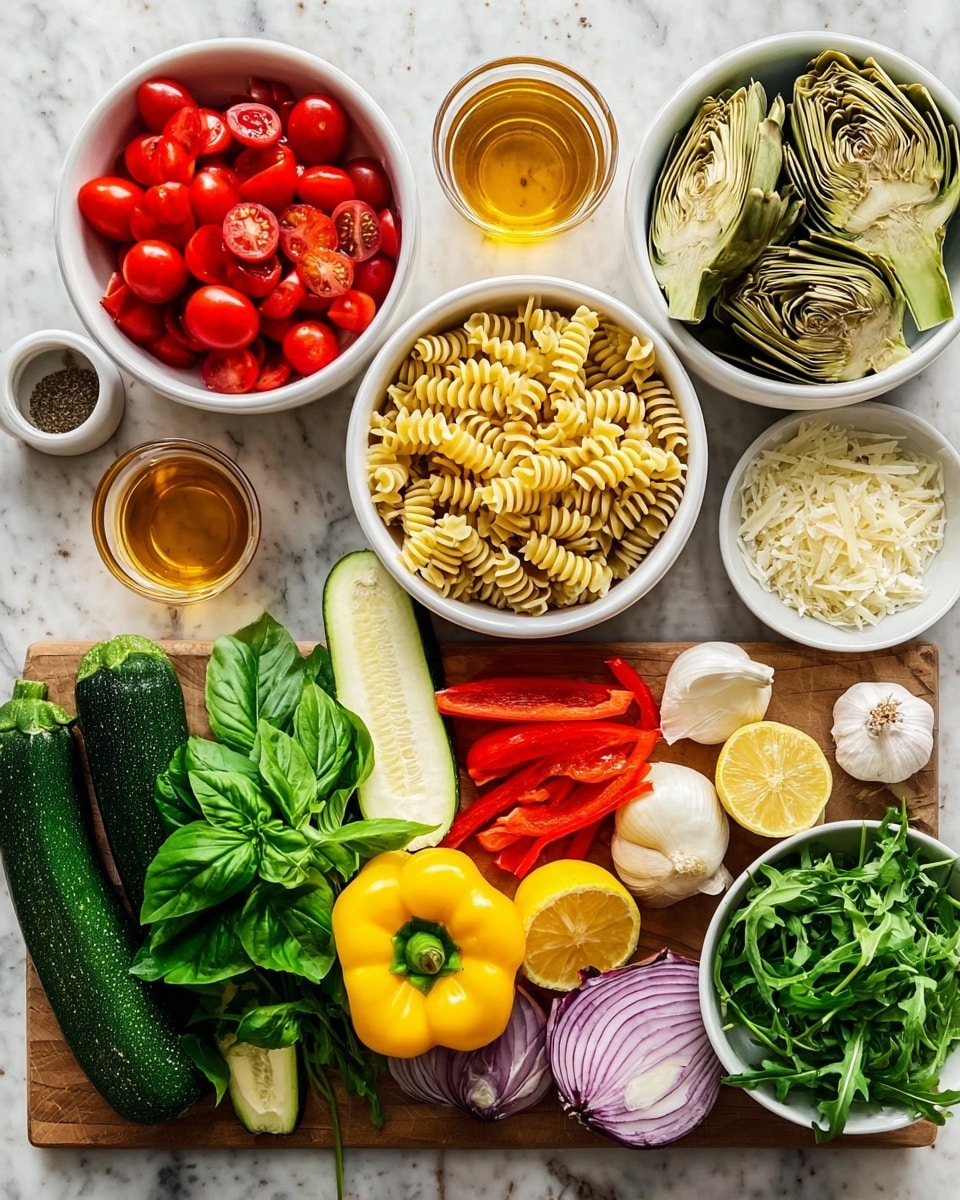 The image shows a flat lay of fresh vegetables and ingredients arranged neatly on a white marbled surface. There are three white bowls at the top: one filled with cherry tomatoes sliced in half, another with spiral-shaped dry pasta, and the third with quartered artichokes. Beside these bowls are two small glass cups containing amber-colored liquids. Below, a wooden board holds a whole yellow bell pepper, a red bell pepper cut in half, a whole zucchini with one half sliced lengthwise, and a bunch of fresh green basil leaves. There are also quartered red onions, a shallot, garlic cloves, and half a lemon. To the right of the board, there is a round bowl of fresh green arugula leaves and two small white bowls, one filled with grated cheese and the other with a light yellow oil. Photo taken with an iphone --ar 4:5 --v 7