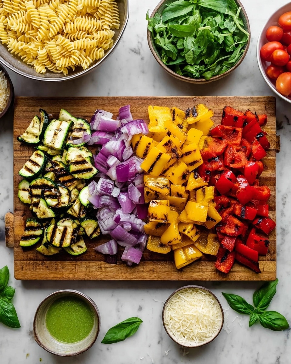 A wooden cutting board on a white marbled surface holds four groups of grilled vegetables arranged side by side: zucchini pieces with dark grill marks in light green color on the left center, chopped red onions with a purple hue in the top center, bright red bell pepper chunks with grill marks on the right center, and yellow bell pepper pieces with grill marks at the bottom right. Surrounding the board, there are bowls visible: spiral pasta in a metal bowl at the top left, green leafy salad in a white bowl at the top center, halved cherry tomatoes in a white bowl at the top right, grated cheese in a white bowl at the right edge, and a small container of green sauce at the bottom left. Fresh basil leaves are scattered on the white marbled surface. photo taken with an iphone --ar 4:5 --v 7